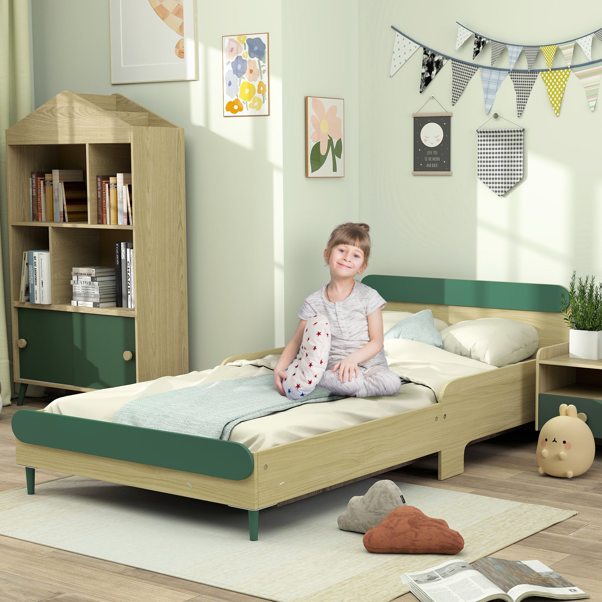 Children's Floor Bed 90x190 cm with Safety Barrier, Slatted Base Included, for Boys and Girls aged 3-10 - Green
