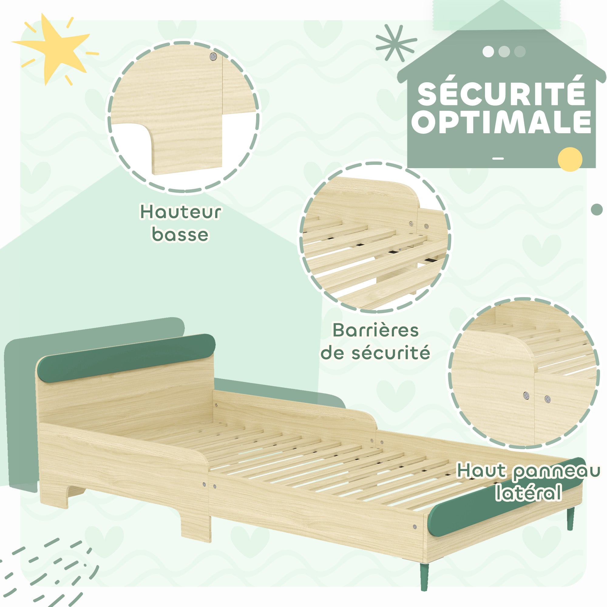 Children's Floor Bed 90x190 cm with Safety Barrier, Slatted Base Included, for Boys and Girls aged 3-10 - Green
