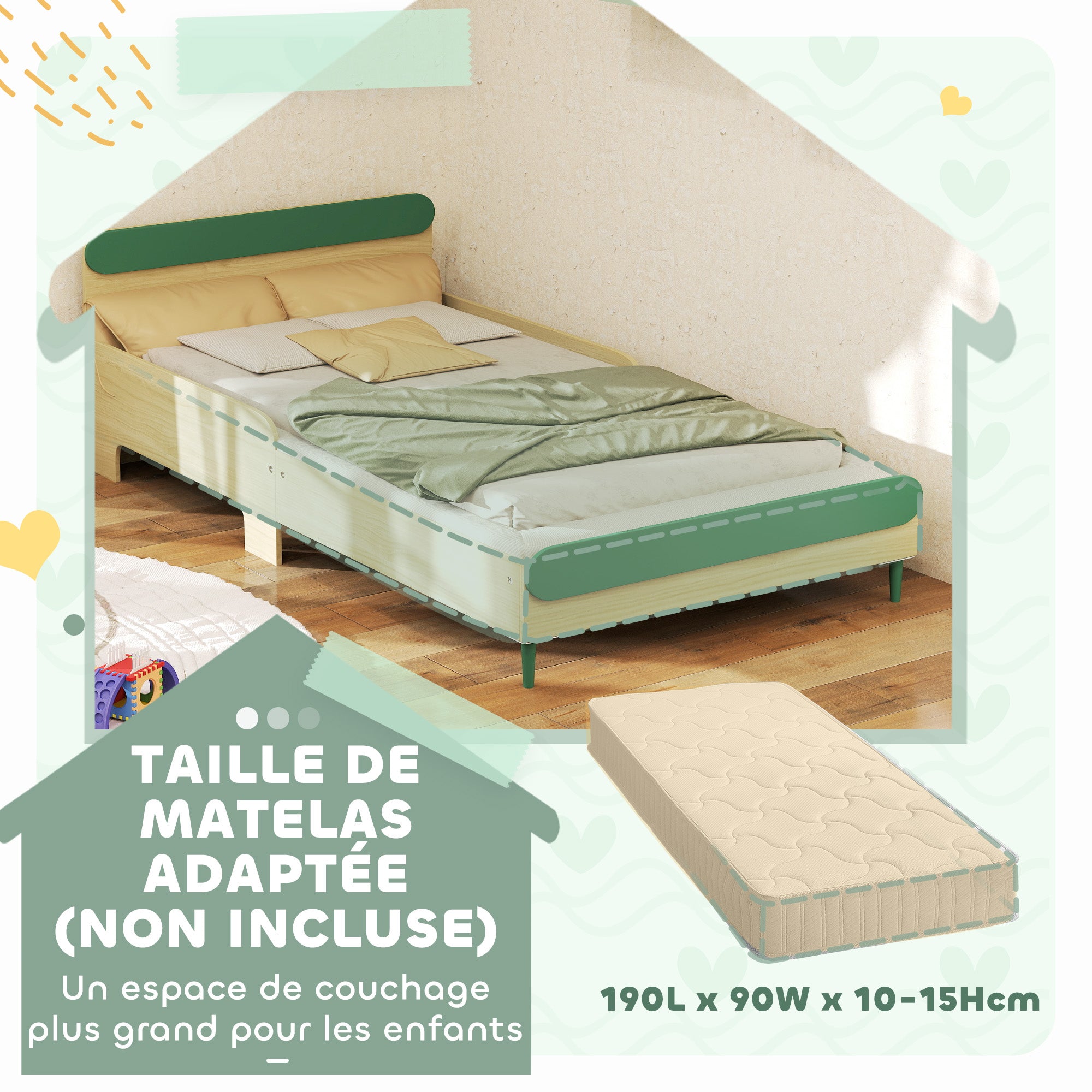 Children's Floor Bed 90x190 cm with Safety Barrier, Slatted Base Included, for Boys and Girls aged 3-10 - Green