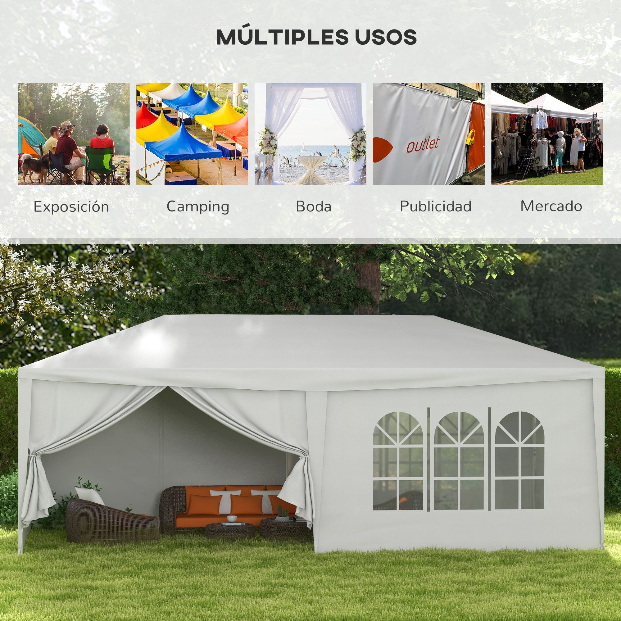 Garden Tent 6x3 m Removable Outdoor Gazebo with 4 Windows 2 Zippered Doors 6 Side Walls and Waterproof Pavilion for Terrace Patio Beach White