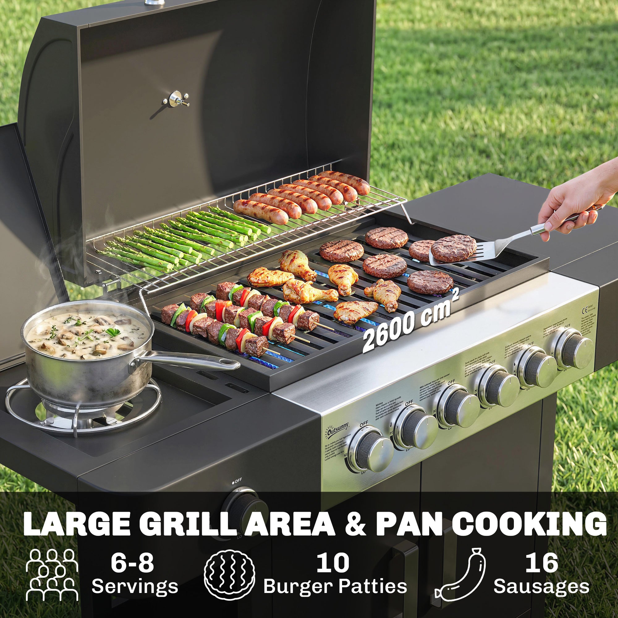 17.8 kW (≈60,700 BTU) 6+1-Burner Stainless Steel Gas Grill Cart with Side Burner, Thermometer, Enamel Grates, Warming Rack, Side Table & Cabinet — Ideal for Balcony & BBQ Parties