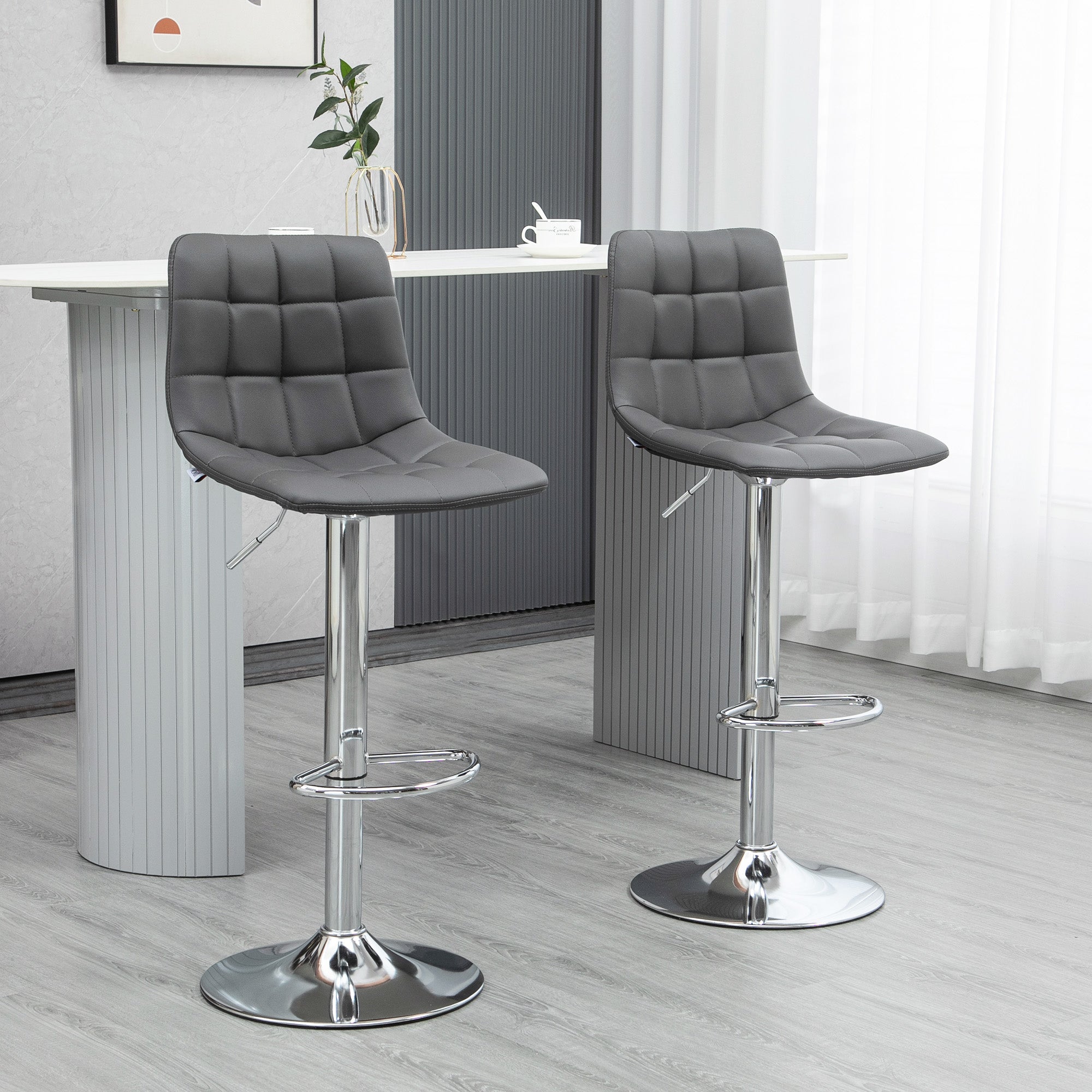 Set of 2 Faux Leather Bar Stools with Backrest, Swivel Kitchen and Living Room Stools with Footrest, 42x45x89-110cm, Gray