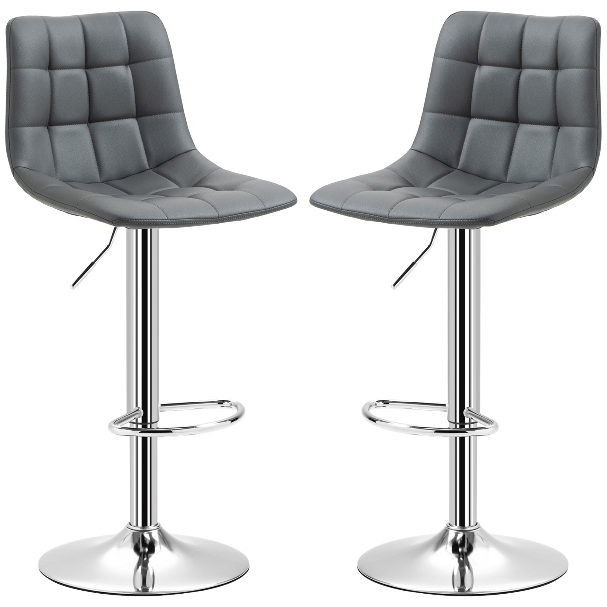Set of 2 Faux Leather Bar Stools with Backrest, Swivel Kitchen and Living Room Stools with Footrest, 42x45x89-110cm, Gray