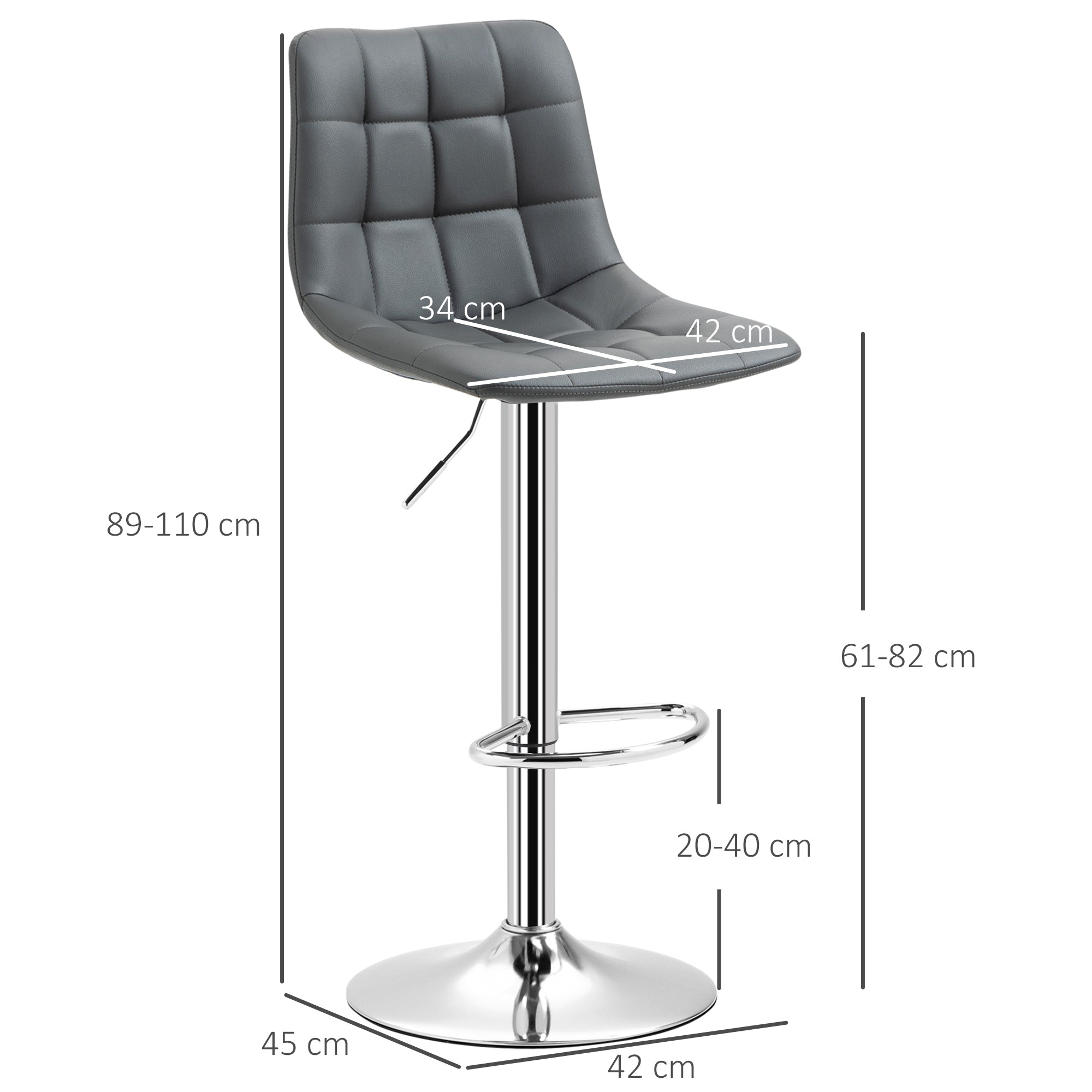 Set of 2 Faux Leather Bar Stools with Backrest, Swivel Kitchen and Living Room Stools with Footrest, 42x45x89-110cm, Gray