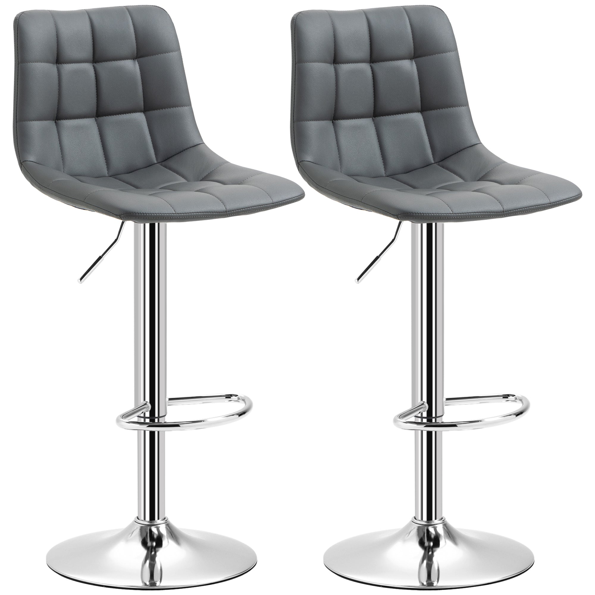 Set of 2 Faux Leather Bar Stools with Backrest, Swivel Kitchen and Living Room Stools with Footrest, 42x45x89-110cm, Gray