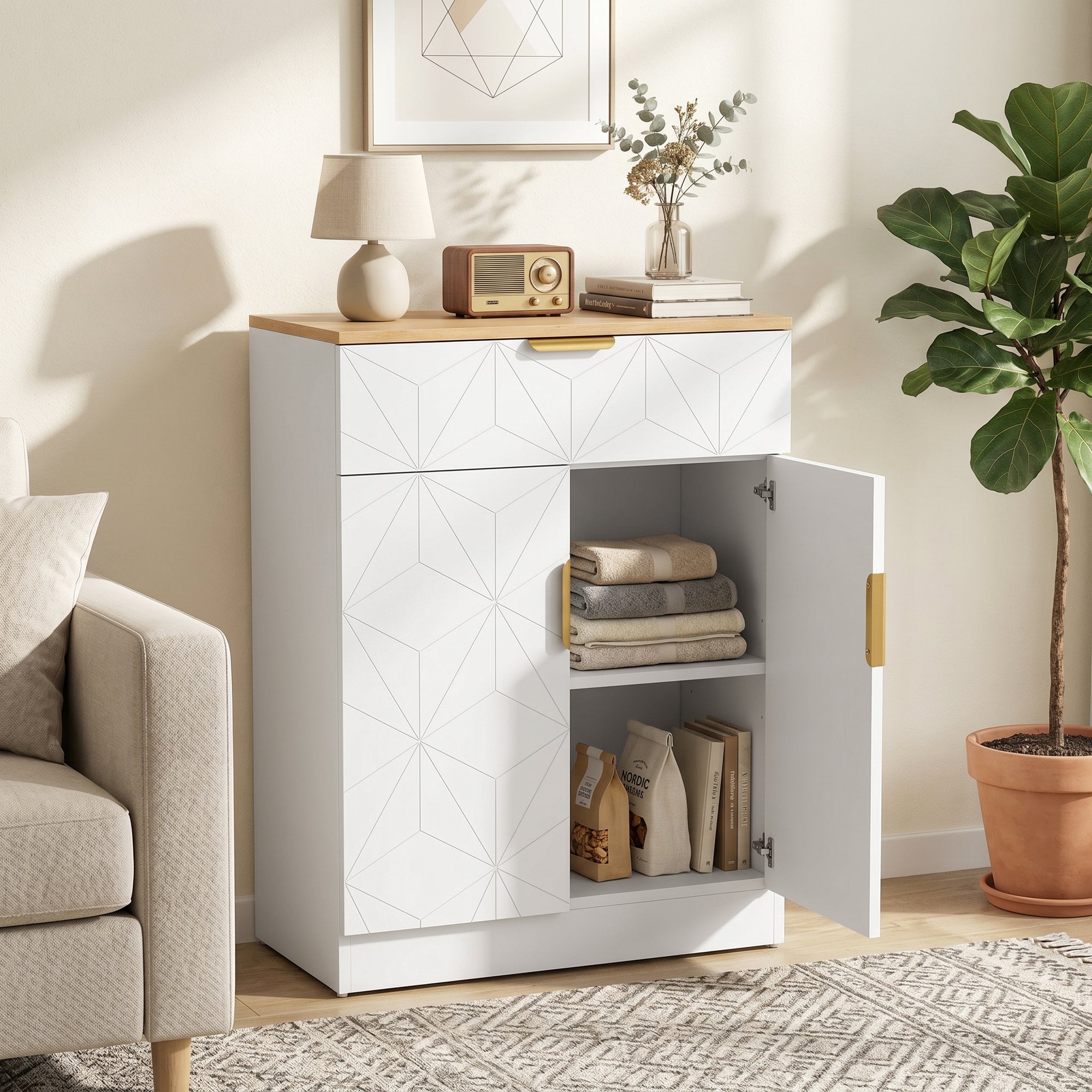Sideboard — Accent Cabinet with Drawer & Adjustable Shelves, Modern Storage for Living Room, Kitchen, Dining Room, Hallway, White