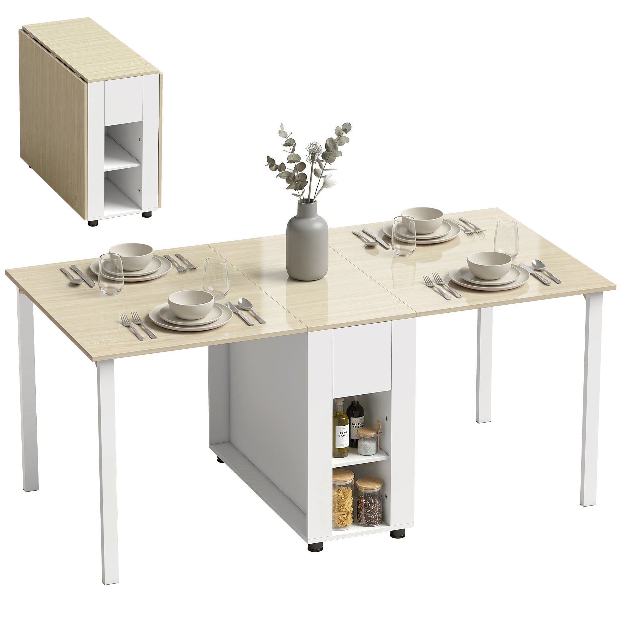 Folding Dining Table, Foldable Kitchen Table for 6 People with Drop Leaves, Drawers and Open Shelves for Small Spaces, 66.3 x 33.5 x 28.7 in (168.2 x 85 x 73 cm), White