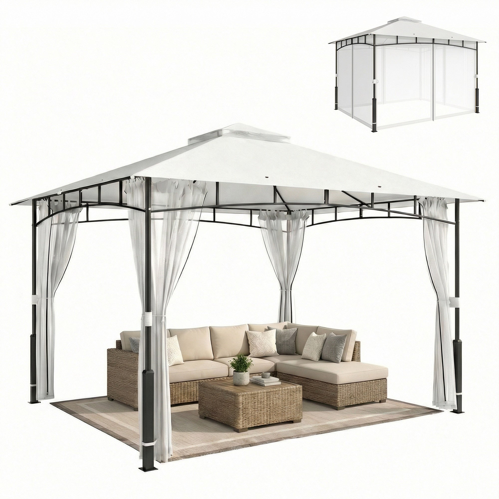 Gazebo 3.6 x 3.0 m (11 ft 9.7 in x 9 ft 10.1 in) — Water-Resistant Metal Garden Pavilion with Mosquito Net, Double Roof, Wood-Effect Posts, Black