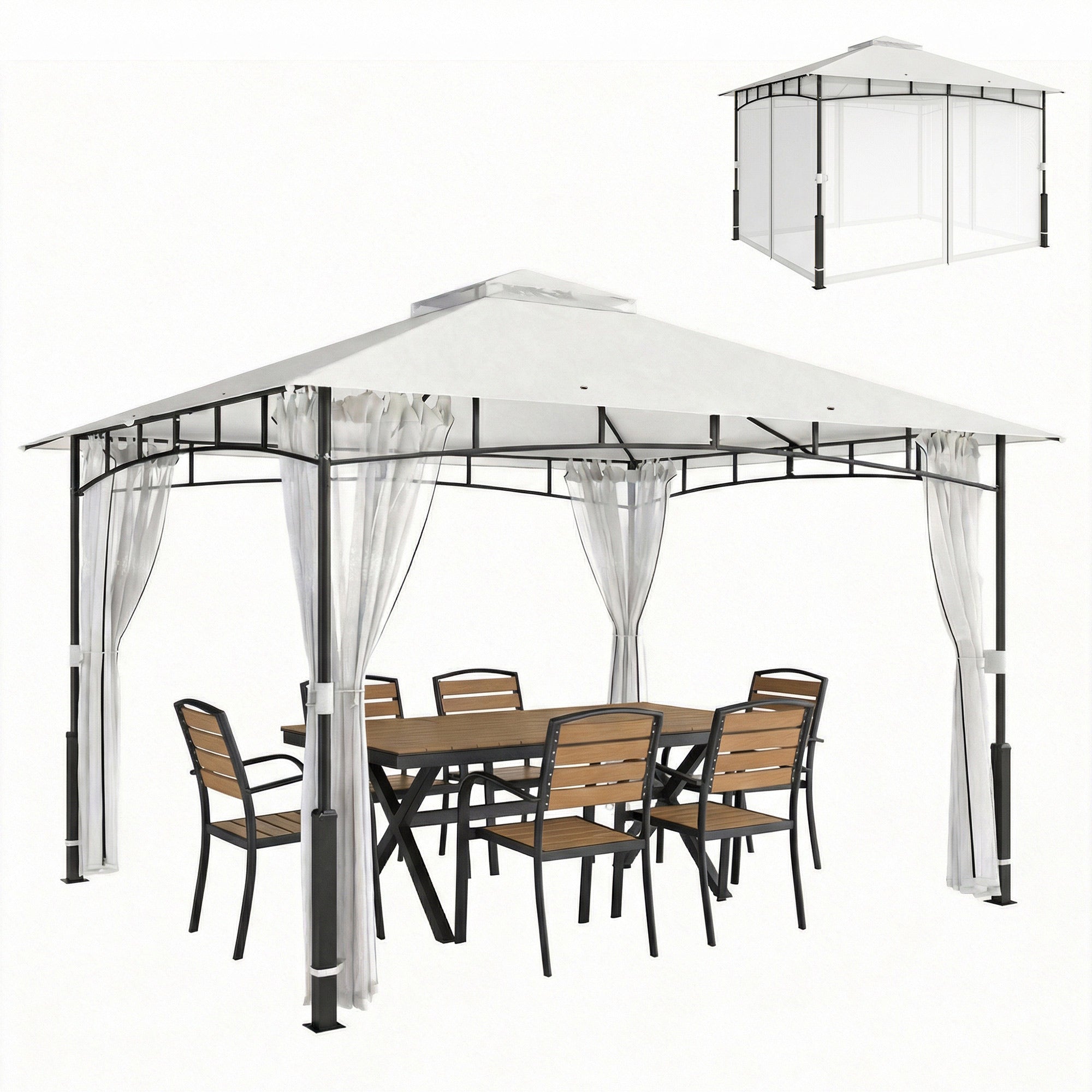 Gazebo 3.6 x 3.0 m (11 ft 9.7 in x 9 ft 10.1 in) — Water-Resistant Metal Garden Pavilion with Mosquito Net, Double Roof, Wood-Effect Posts, Black