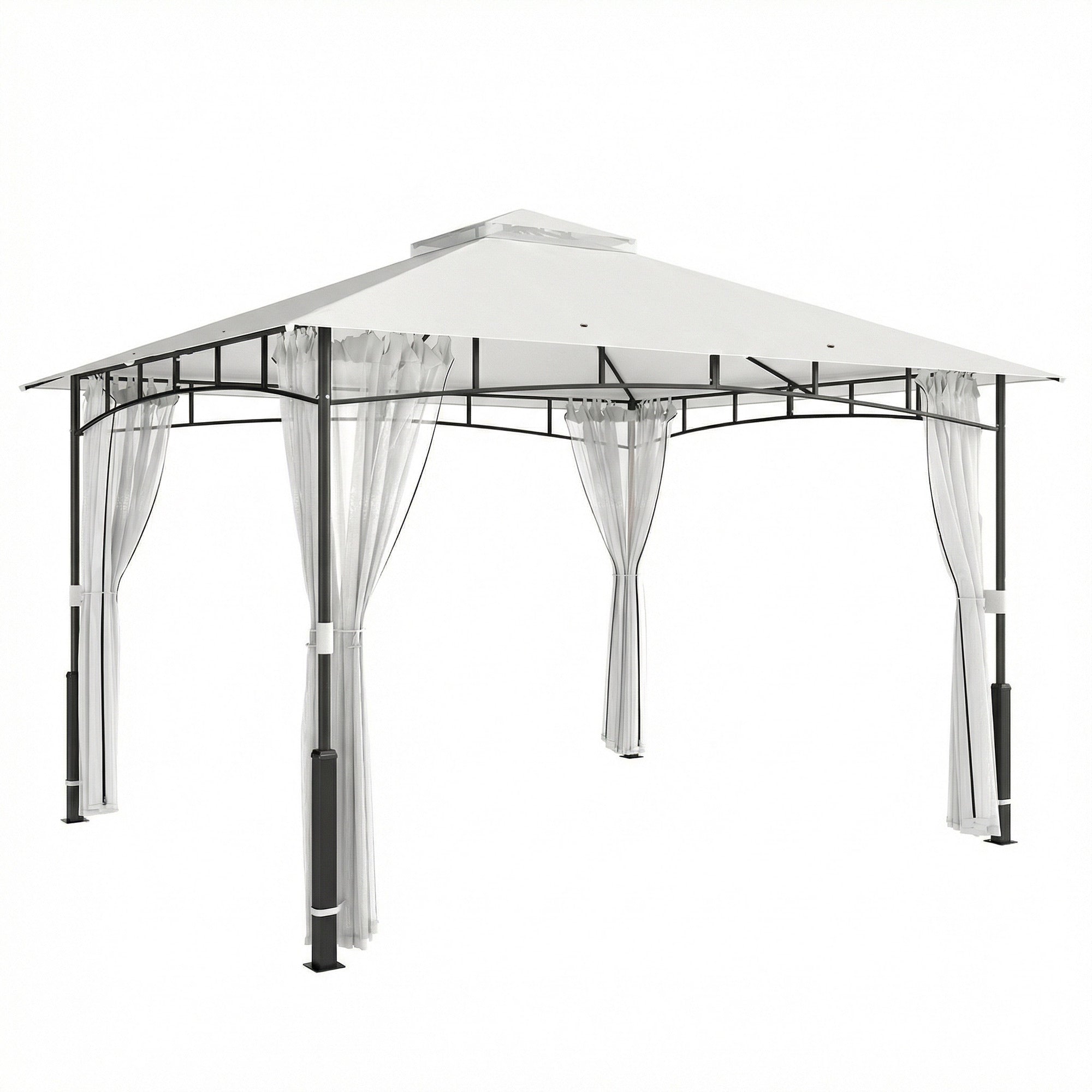Gazebo 3.6 x 3.0 m (11 ft 9.7 in x 9 ft 10.1 in) — Water-Resistant Metal Garden Pavilion with Mosquito Net, Double Roof, Wood-Effect Posts, Black