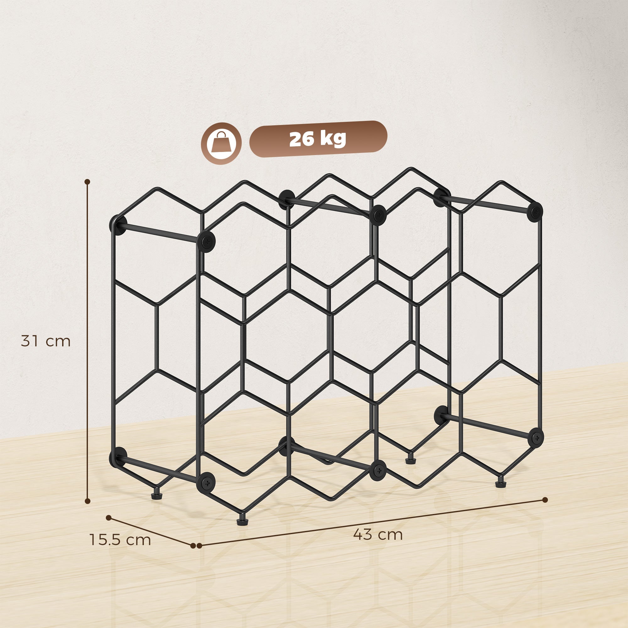 Industrial Honeycomb Wine Rack for 13 Bottles, Metal, Adjustable Feet & Anti-Tip Strap, Black
