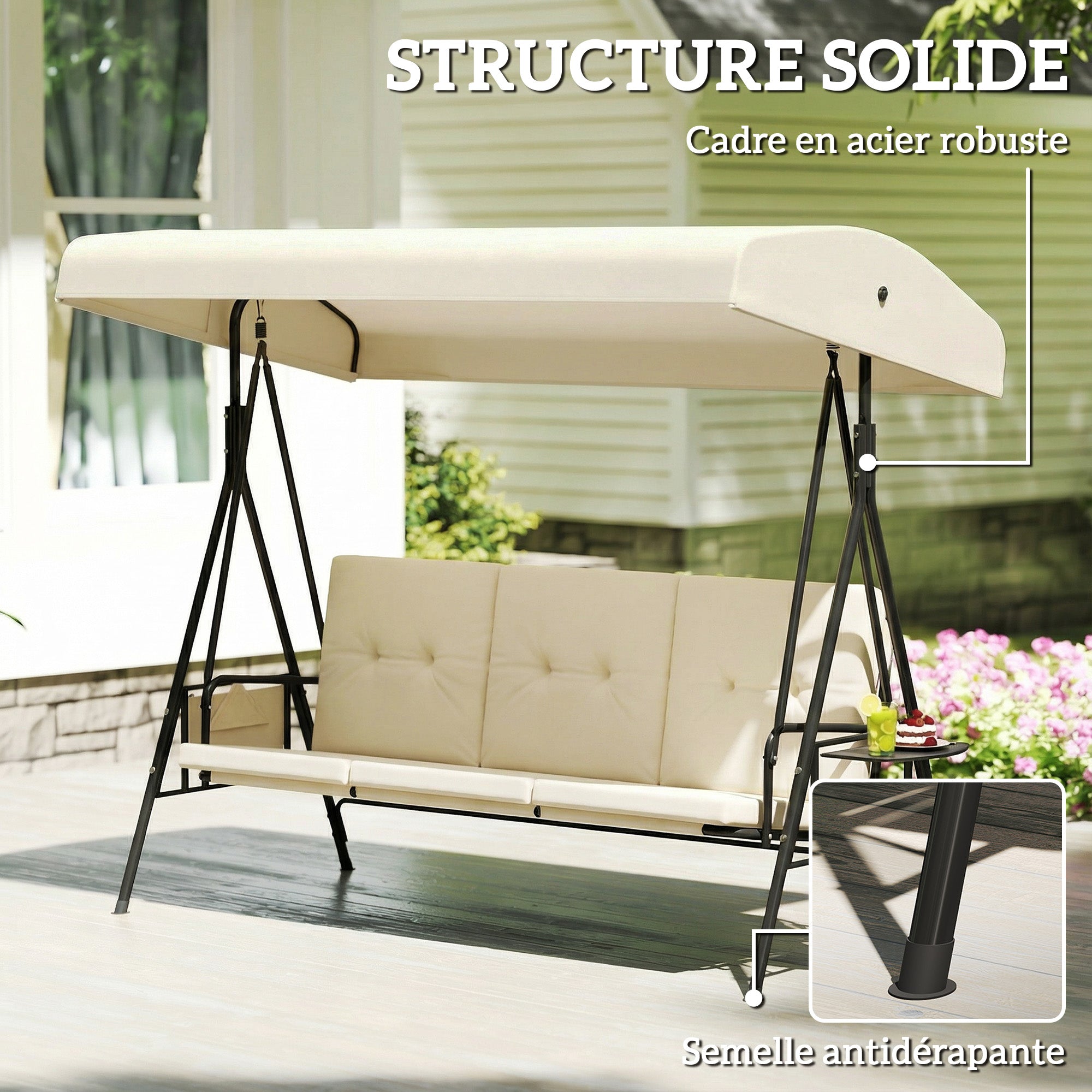 3-Seater Garden Swing — Adjustable Canopy, 2 Side Tables & Cushions, Steel/Polyester, Cream