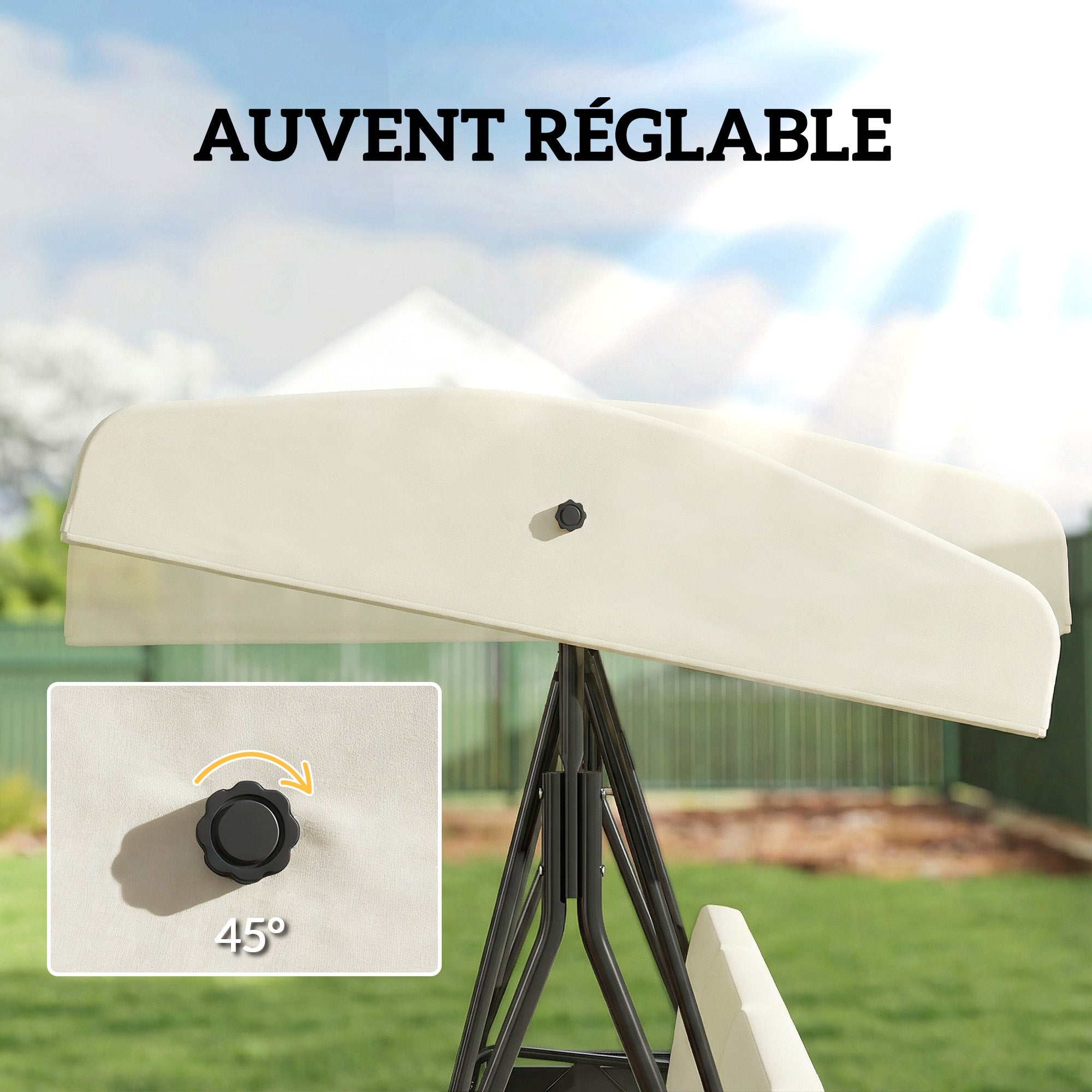 3-Seater Garden Swing — Adjustable Canopy, 2 Side Tables & Cushions, Steel/Polyester, Cream