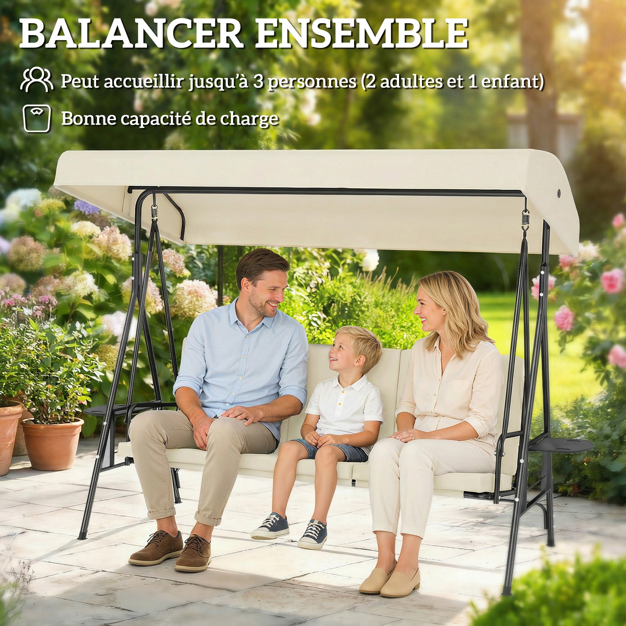 3-Seater Garden Swing — Adjustable Canopy, 2 Side Tables & Cushions, Steel/Polyester, Cream