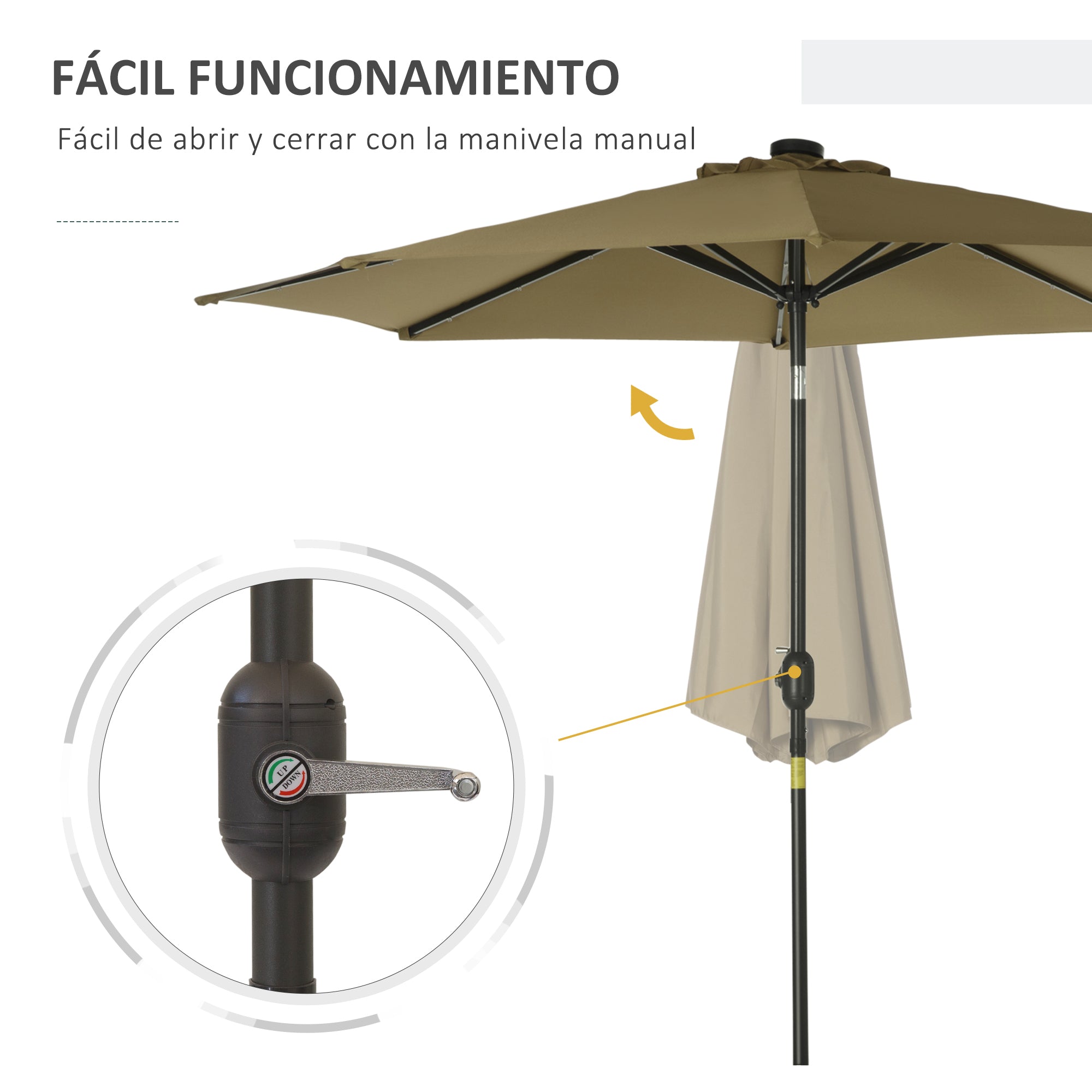 Ø268x238 cm Garden Umbrella Terrace Parasol with 24 Solar LED Lights Tilt Mechanism Crank and Detachable Metal Pole for Pool Patio Brown