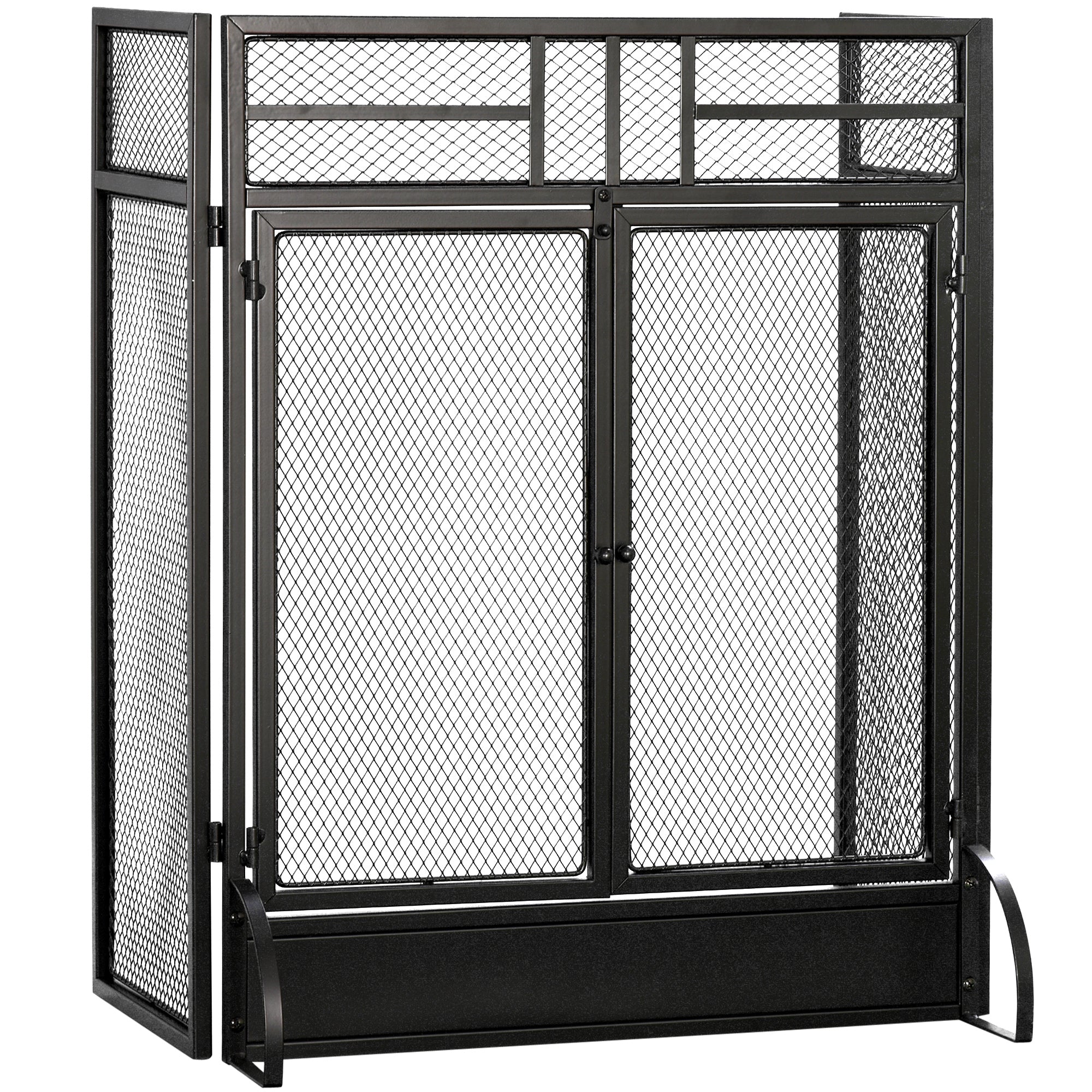 Fire Screen Foldable Fireplace Safety Guard with 3-Panel Double Door and Additional Feet 120x11.5x79 cm Black Metal Construction
