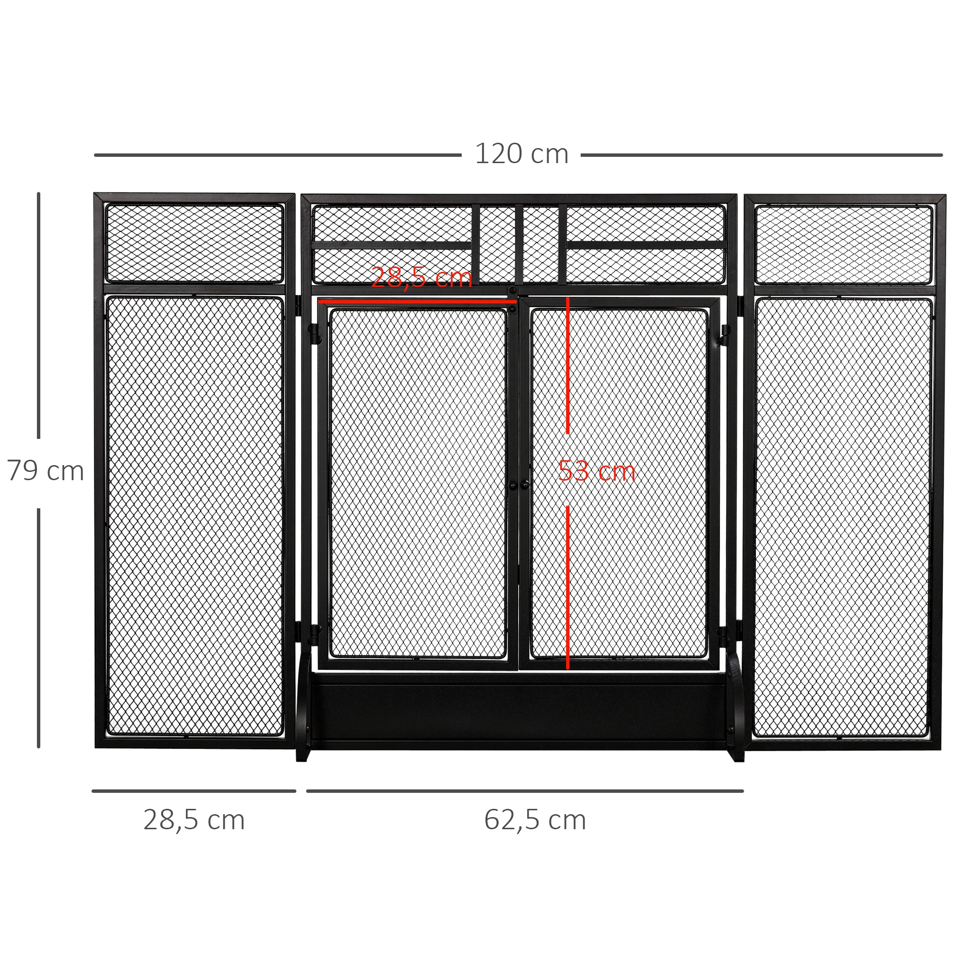 Fire Screen Foldable Fireplace Safety Guard with 3-Panel Double Door and Additional Feet 120x11.5x79 cm Black Metal Construction