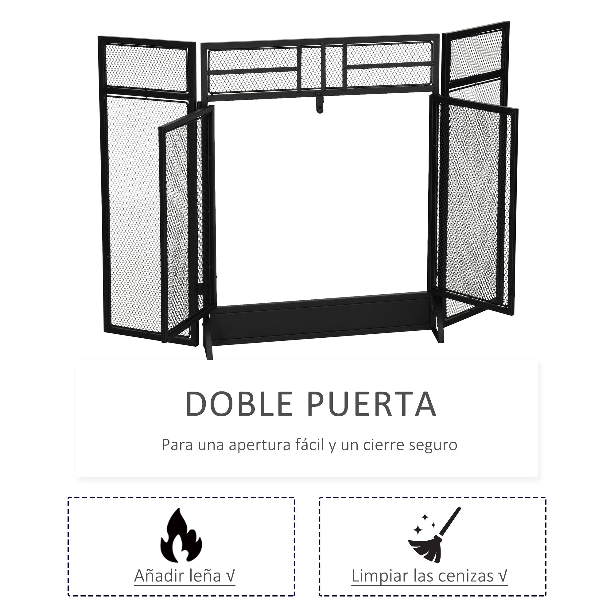 Fire Screen Foldable Fireplace Safety Guard with 3-Panel Double Door and Additional Feet 120x11.5x79 cm Black Metal Construction