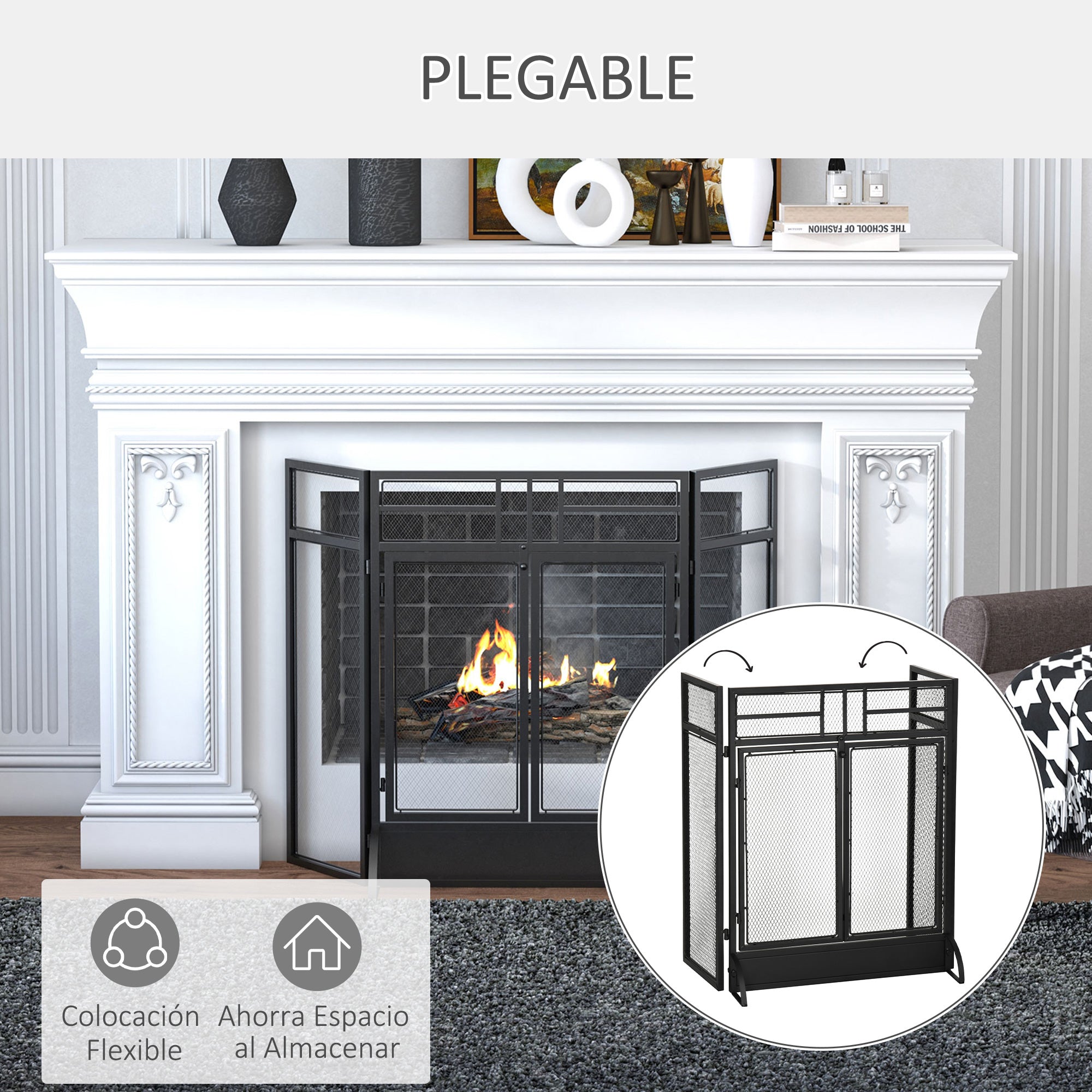 Fire Screen Foldable Fireplace Safety Guard with 3-Panel Double Door and Additional Feet 120x11.5x79 cm Black Metal Construction