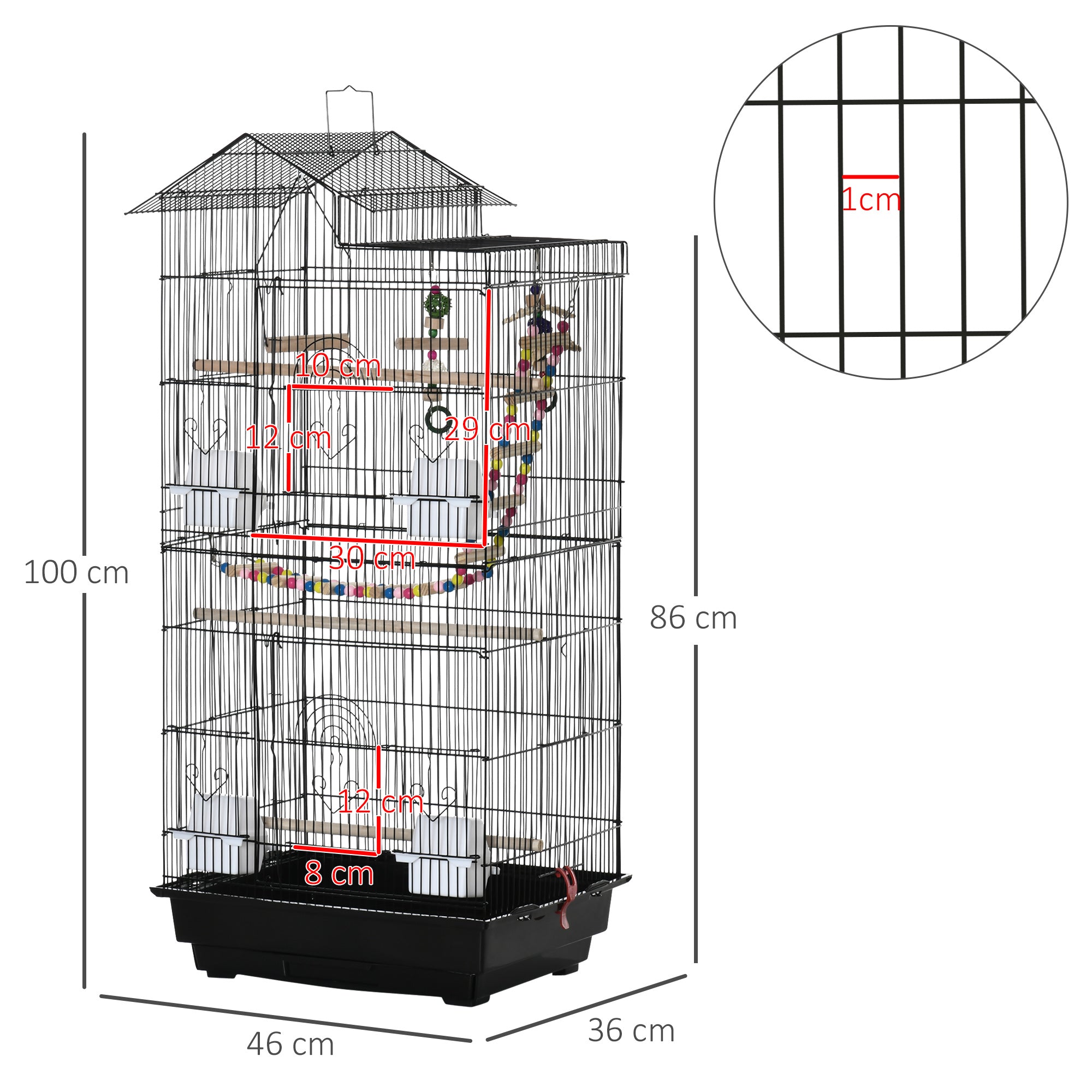 Bird Cage Aviary with Multiple Doors 4 Feeders 3 Perches Swing Ladders and Removable Tray for Parrots Canaries Budgies 46x36x100 cm Black