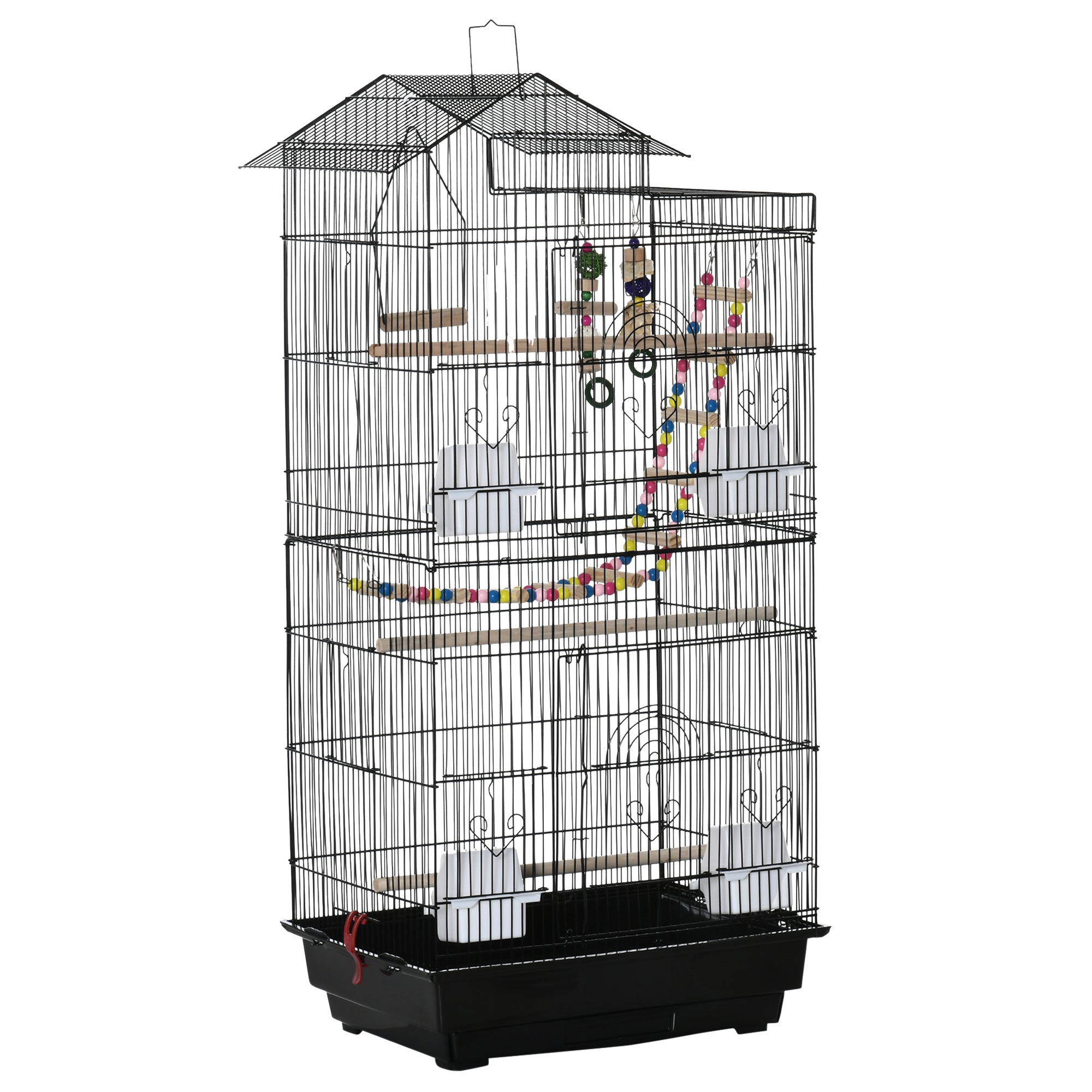 Bird Cage Aviary with Multiple Doors 4 Feeders 3 Perches Swing Ladders and Removable Tray for Parrots Canaries Budgies 46x36x100 cm Black