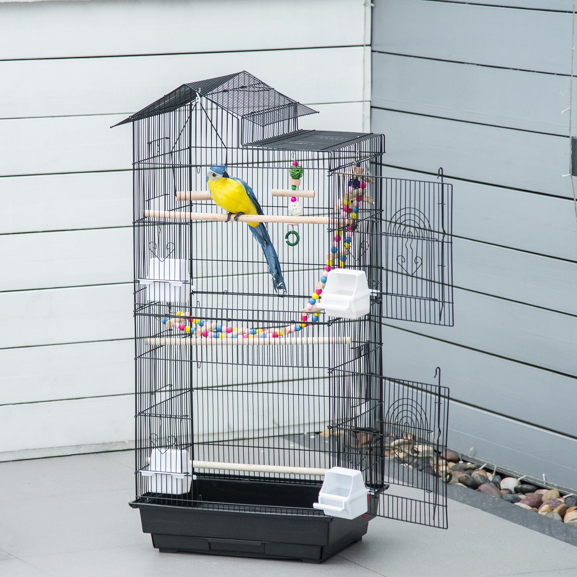 Bird Cage Aviary with Multiple Doors 4 Feeders 3 Perches Swing Ladders and Removable Tray for Parrots Canaries Budgies 46x36x100 cm Black
