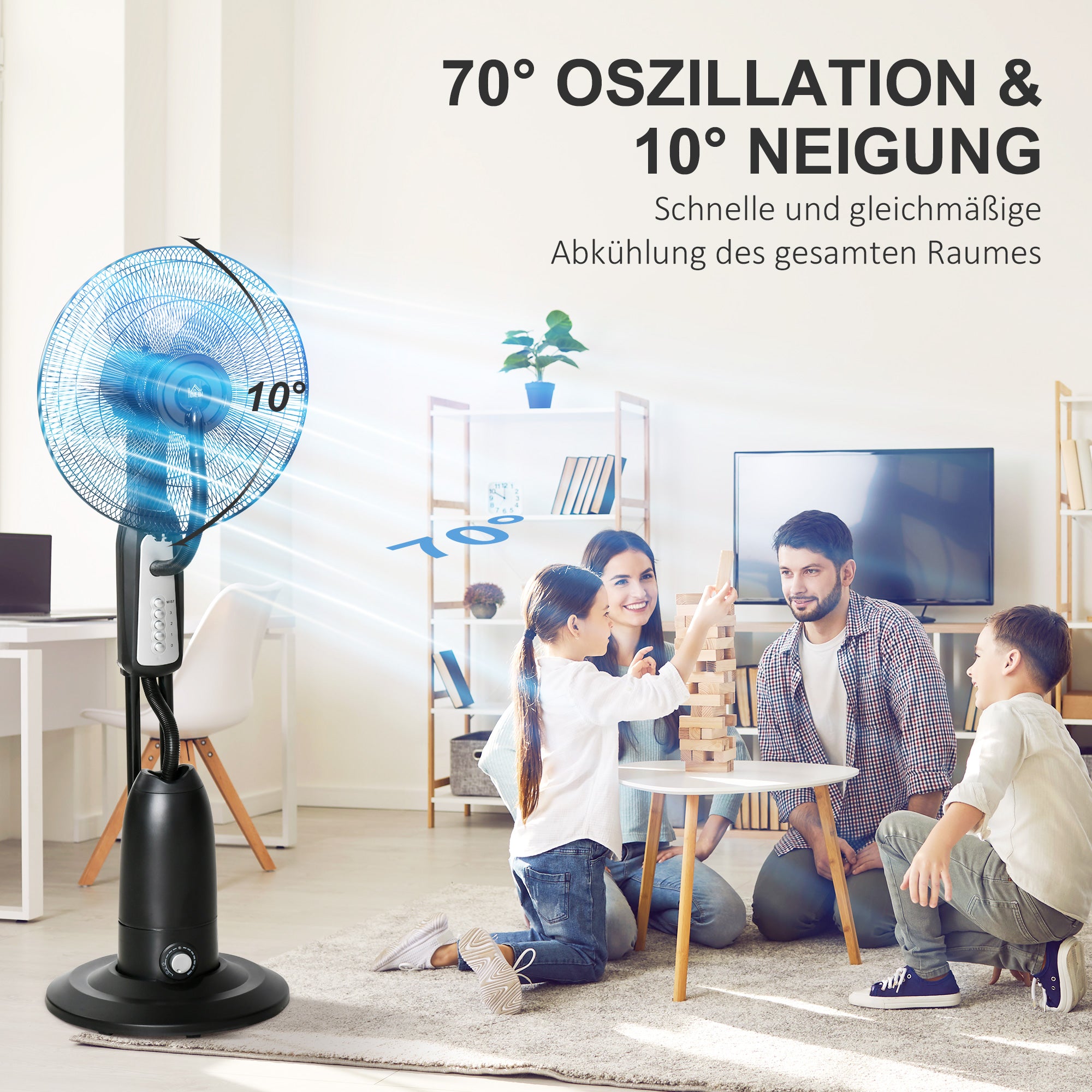 Water Cooling Fan, Stand Fan with Adjustable Spray Mist, 3 Speeds, 2.8 L Water Tank, 70° Oscillating, 90 W Water Fan with Wheels, 120 cm