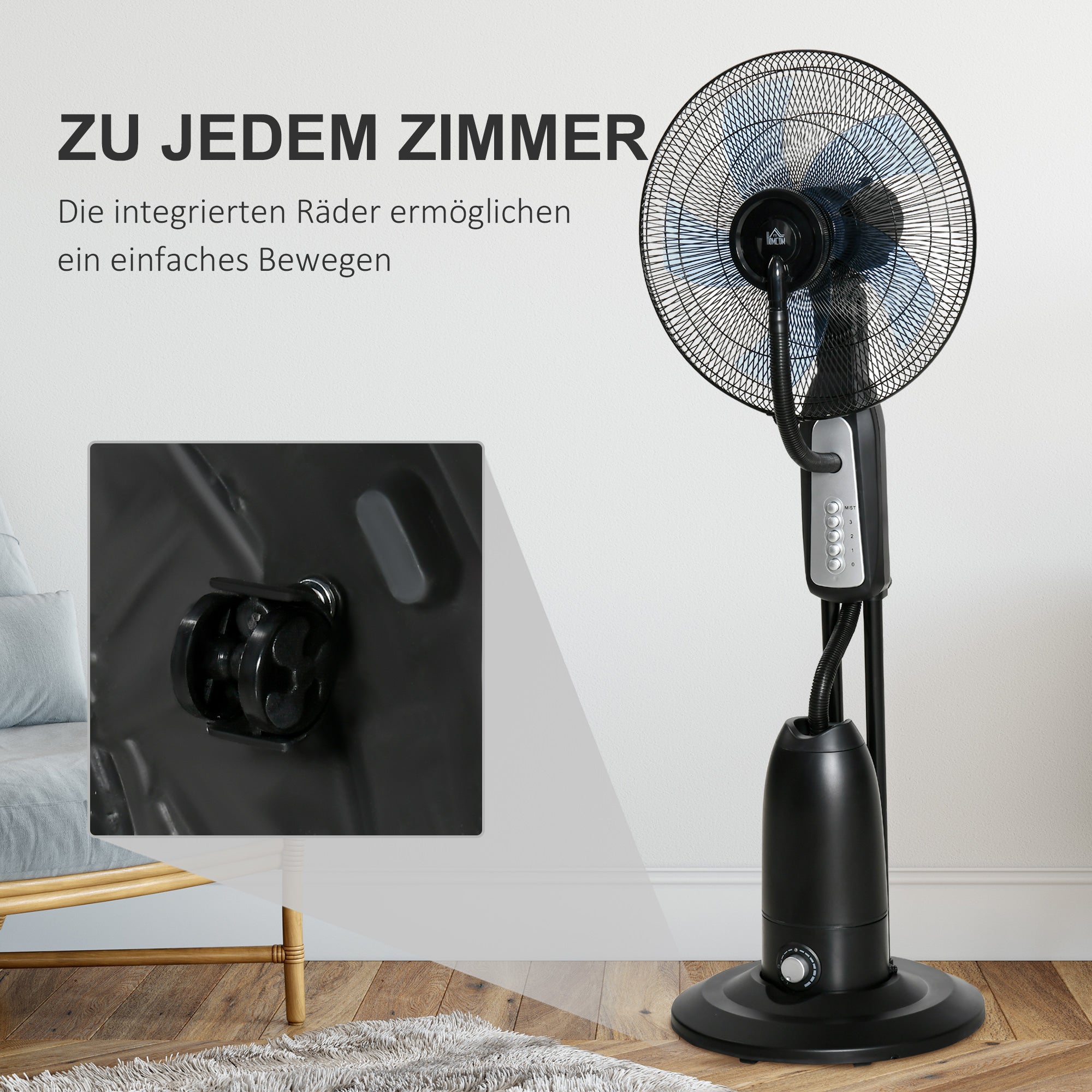 Water Cooling Fan, Stand Fan with Adjustable Spray Mist, 3 Speeds, 2.8 L Water Tank, 70° Oscillating, 90 W Water Fan with Wheels, 120 cm