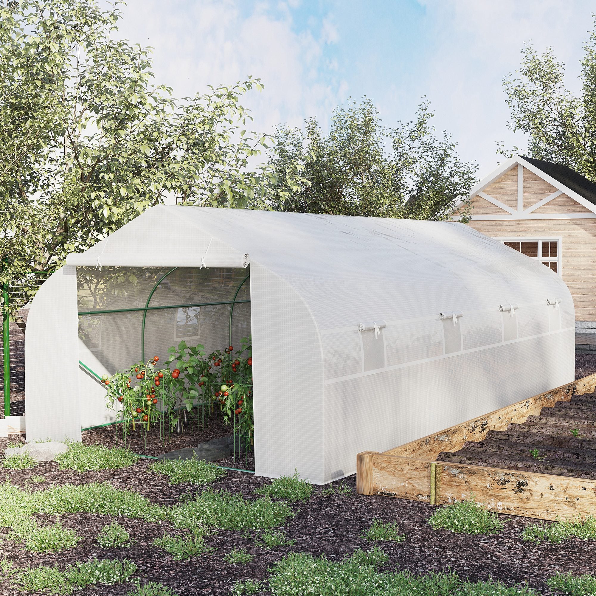 Garden Greenhouse 6x3x2 m Tunnel Type for Planting Vegetables with 8 Breathable Windows and Roll-Up Zipper Door Steel White