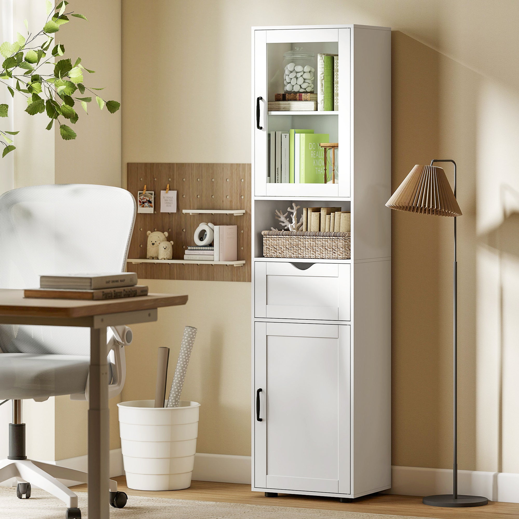 Slim Bathroom Storage Cabinet with Glass Door, Open Shelf, Drawer & Adjustable Shelves — 15.7" x 11.8" x 65", White