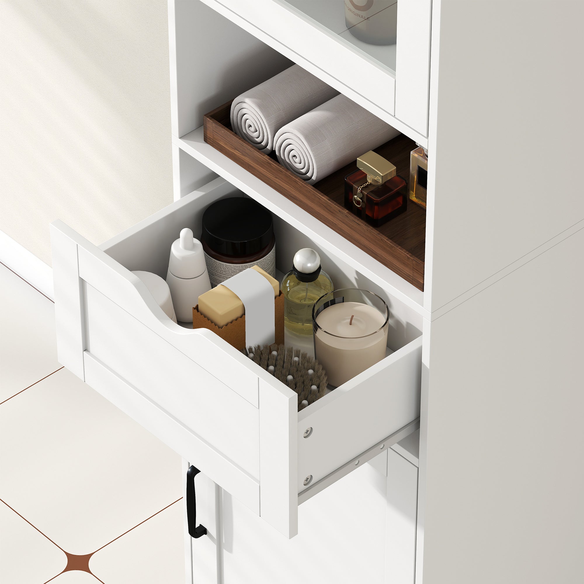 Slim Bathroom Storage Cabinet with Glass Door, Open Shelf, Drawer & Adjustable Shelves — 15.7" x 11.8" x 65", White