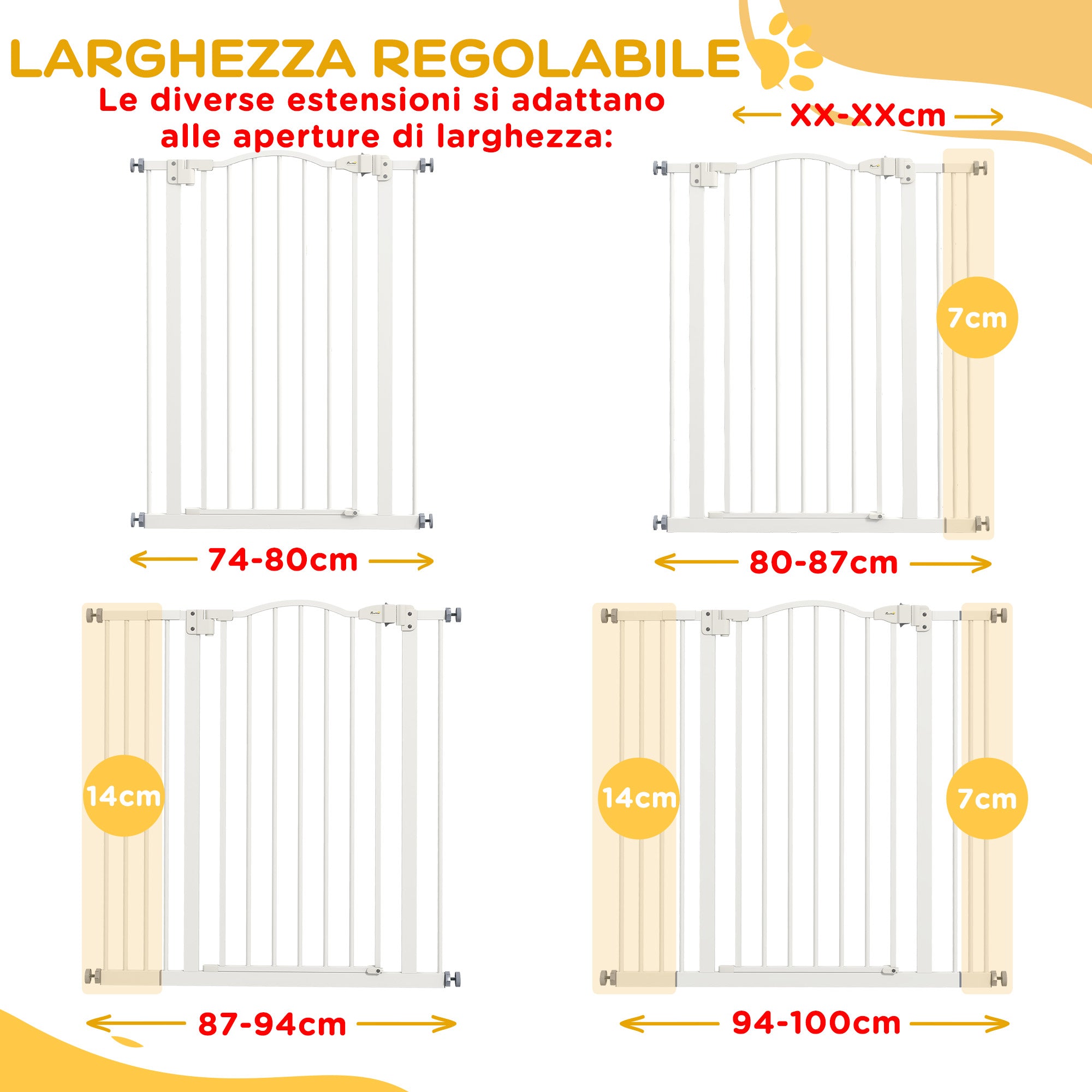 94 cm Indoor Dog Gate, Safety Dog Gate, Extensible Dog Barrier 74-100 cm with Double Lock and Automatic Closure for Stairs and Door, White