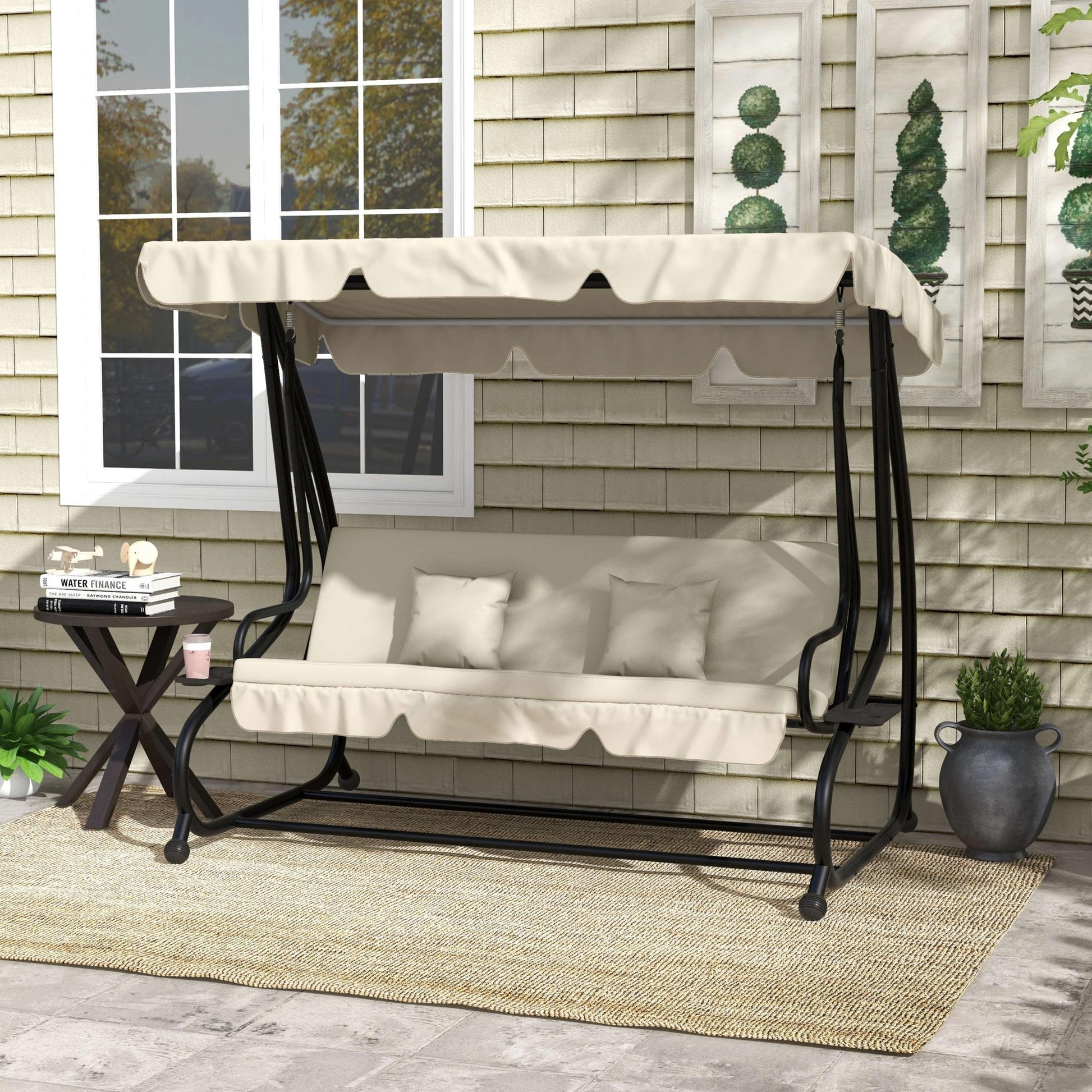 Hollywood Swing with Reclining Function, 3-Seater Garden Swing with Adjustable Canopy, Side Table, Water-Resistant Swing Bench Capacity up to 340kg, for Garden, 200x120x164cm, Cream