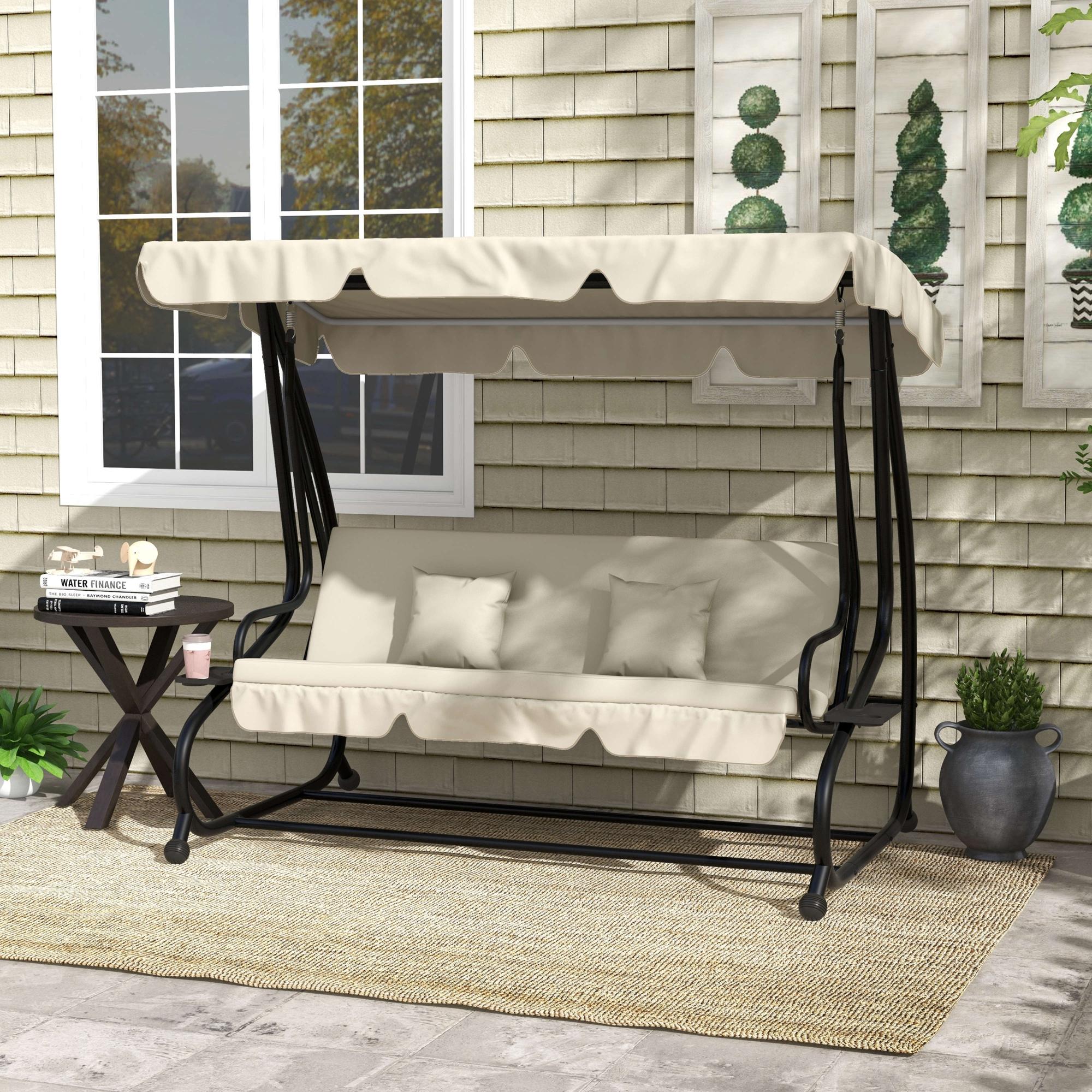 Hollywood Swing with Reclining Function, 3-Seater Garden Swing with Adjustable Canopy, Side Table, Water-Resistant Swing Bench Capacity up to 340kg, for Garden, 200x120x164cm, Cream