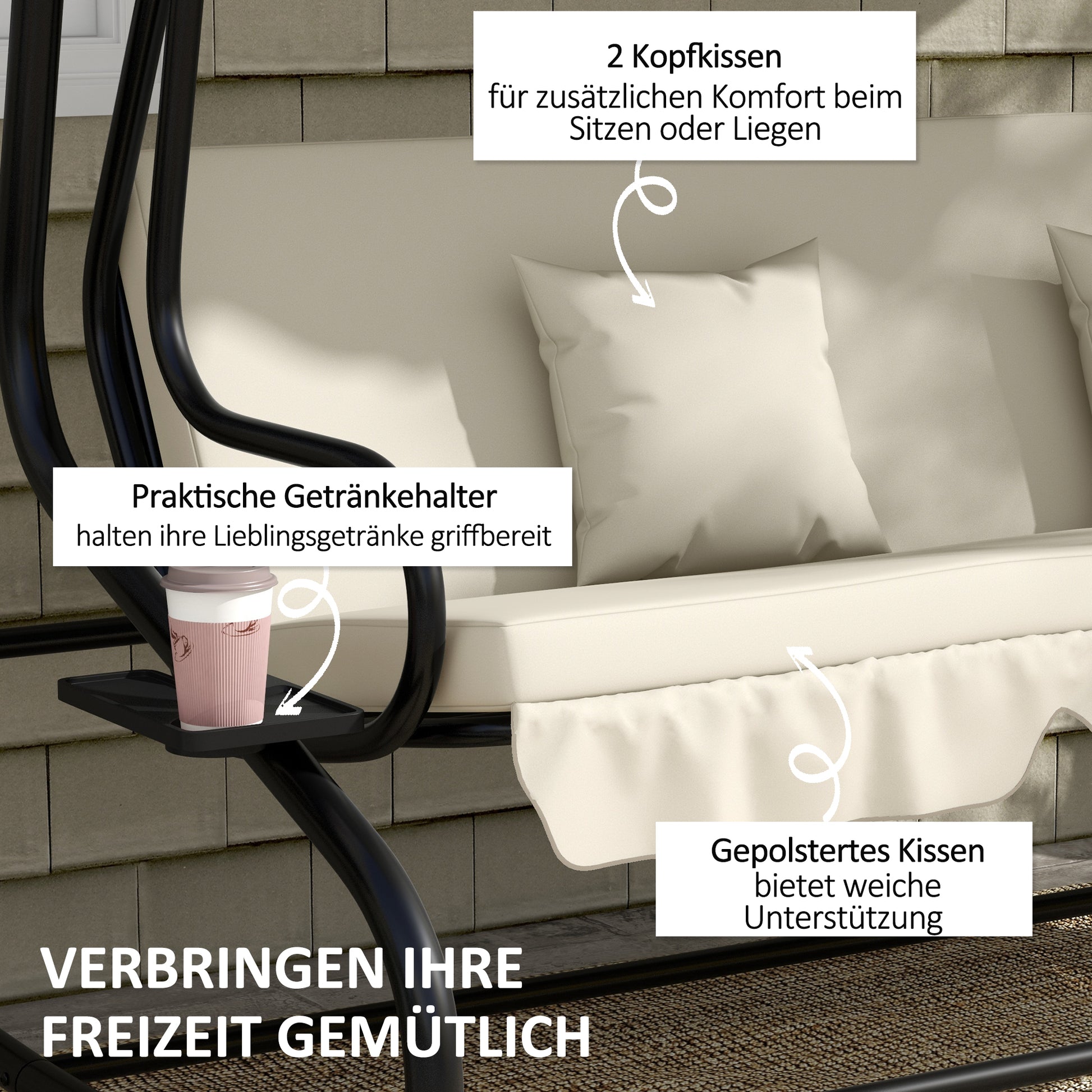 Hollywood Swing with Reclining Function, 3-Seater Garden Swing with Adjustable Canopy, Side Table, Water-Resistant Swing Bench Capacity up to 340kg, for Garden, 200x120x164cm, Cream