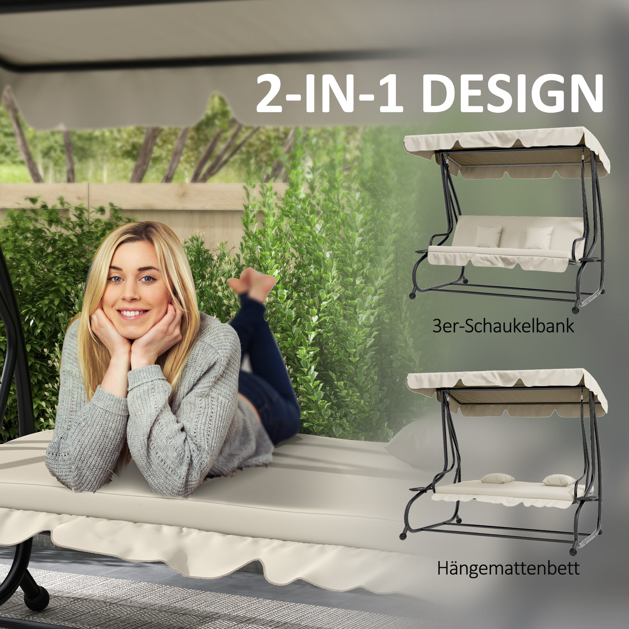 Hollywood Swing with Reclining Function, 3-Seater Garden Swing with Adjustable Canopy, Side Table, Water-Resistant Swing Bench Capacity up to 340kg, for Garden, 200x120x164cm, Cream