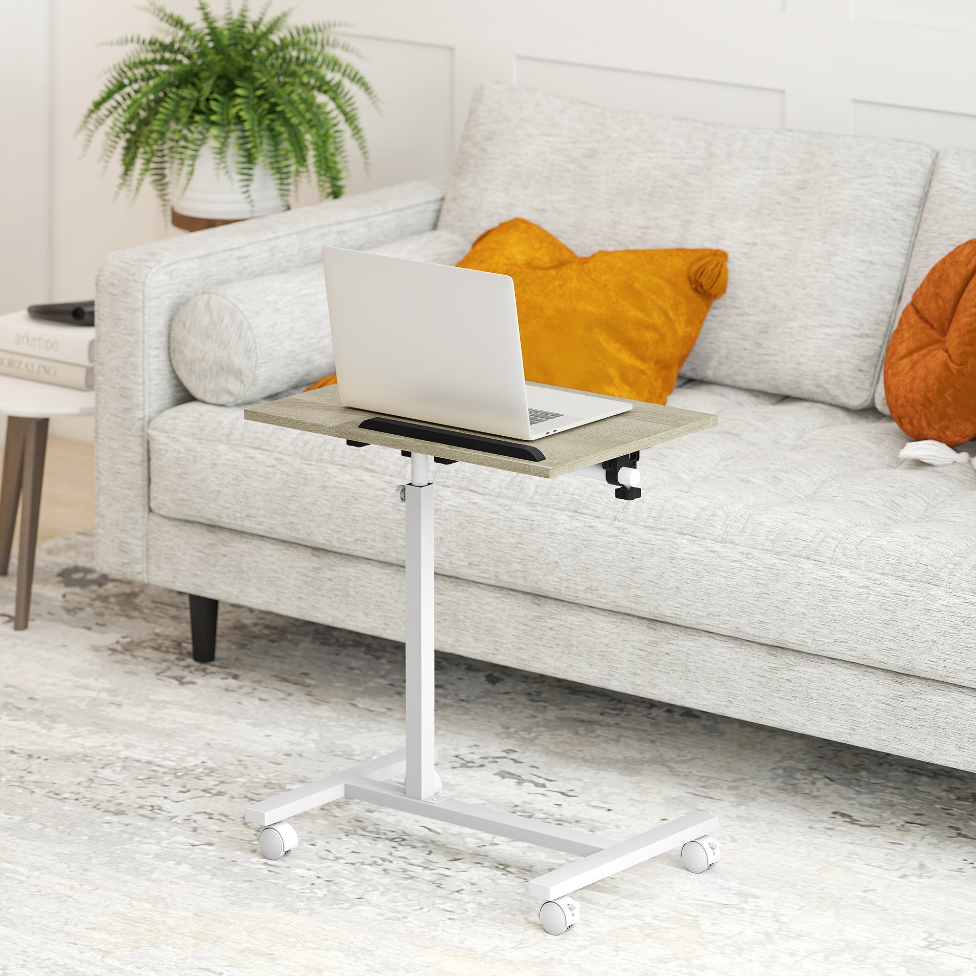 Side Table with Wheels Sofa Table with Adjustable Height Tiltable Surface and Metal Frame for Bedroom Living Room Office 57x40x67.5-101 cm Oak and White