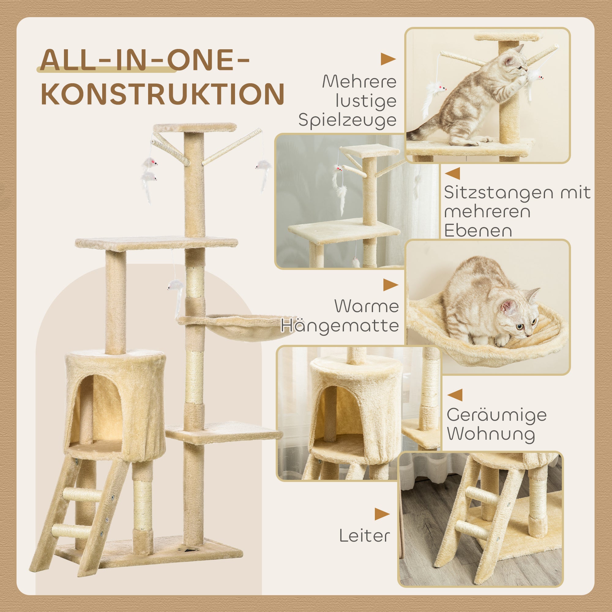 Scratching Post 134.2 cm Cat Tower with Cave, 2 Toys, Sisal Posts, Large Platform, Stairs, Multi-Level Cat Scratching Post, Climbing Tree, for Medium-sized Cats, Beige+White