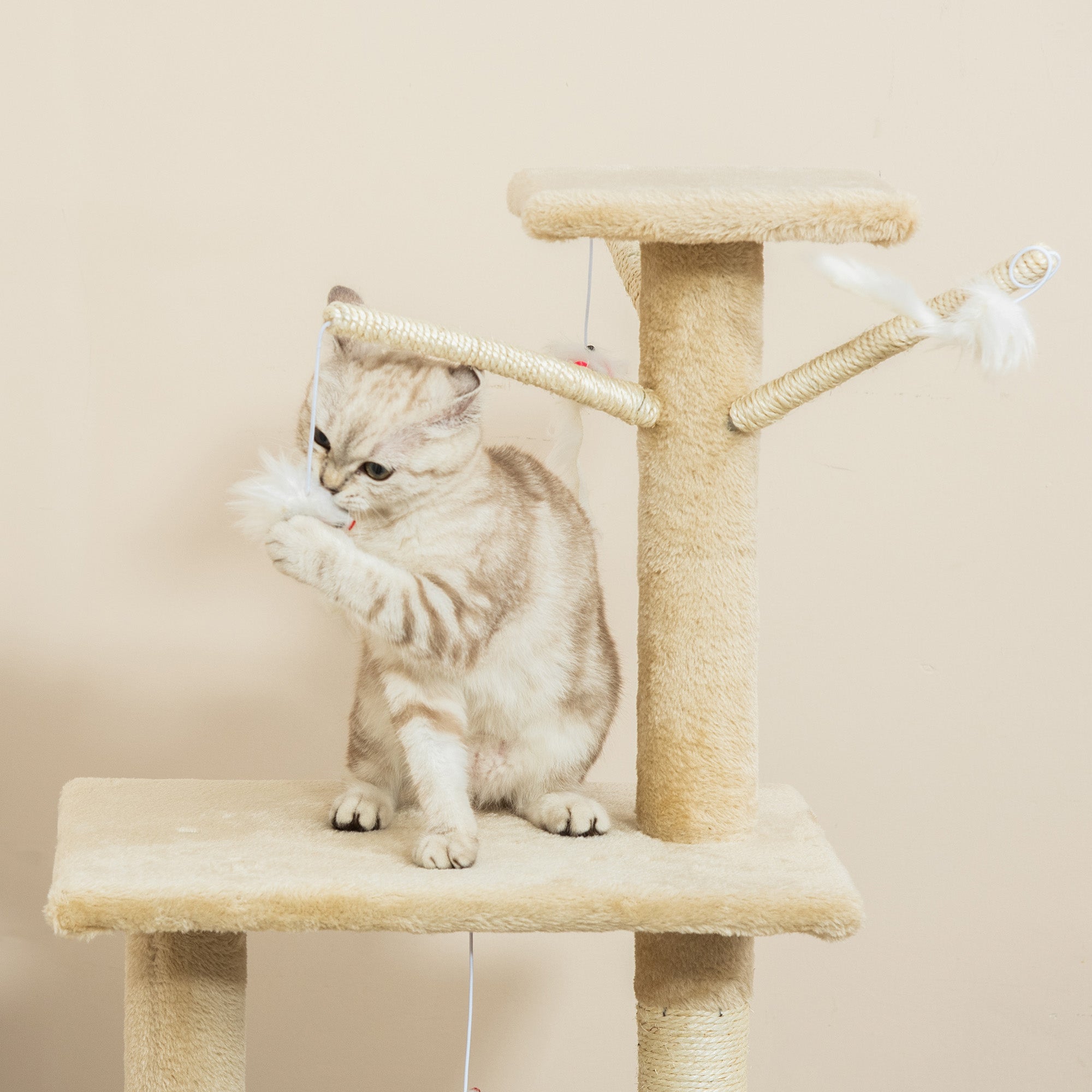 Scratching Post 134.2 cm Cat Tower with Cave, 2 Toys, Sisal Posts, Large Platform, Stairs, Multi-Level Cat Scratching Post, Climbing Tree, for Medium-sized Cats, Beige+White