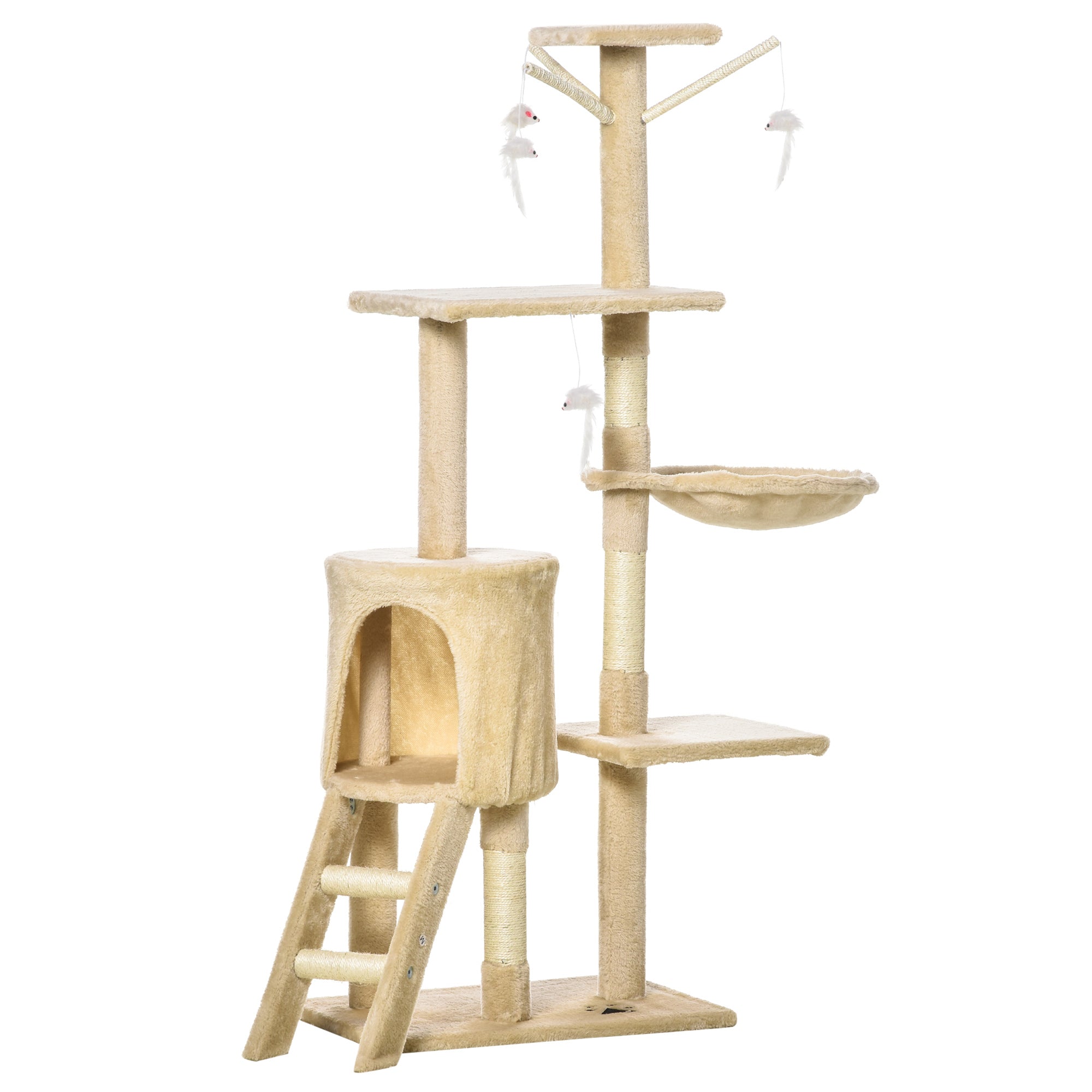 Scratching Post 134.2 cm Cat Tower with Cave, 2 Toys, Sisal Posts, Large Platform, Stairs, Multi-Level Cat Scratching Post, Climbing Tree, for Medium-sized Cats, Beige+White