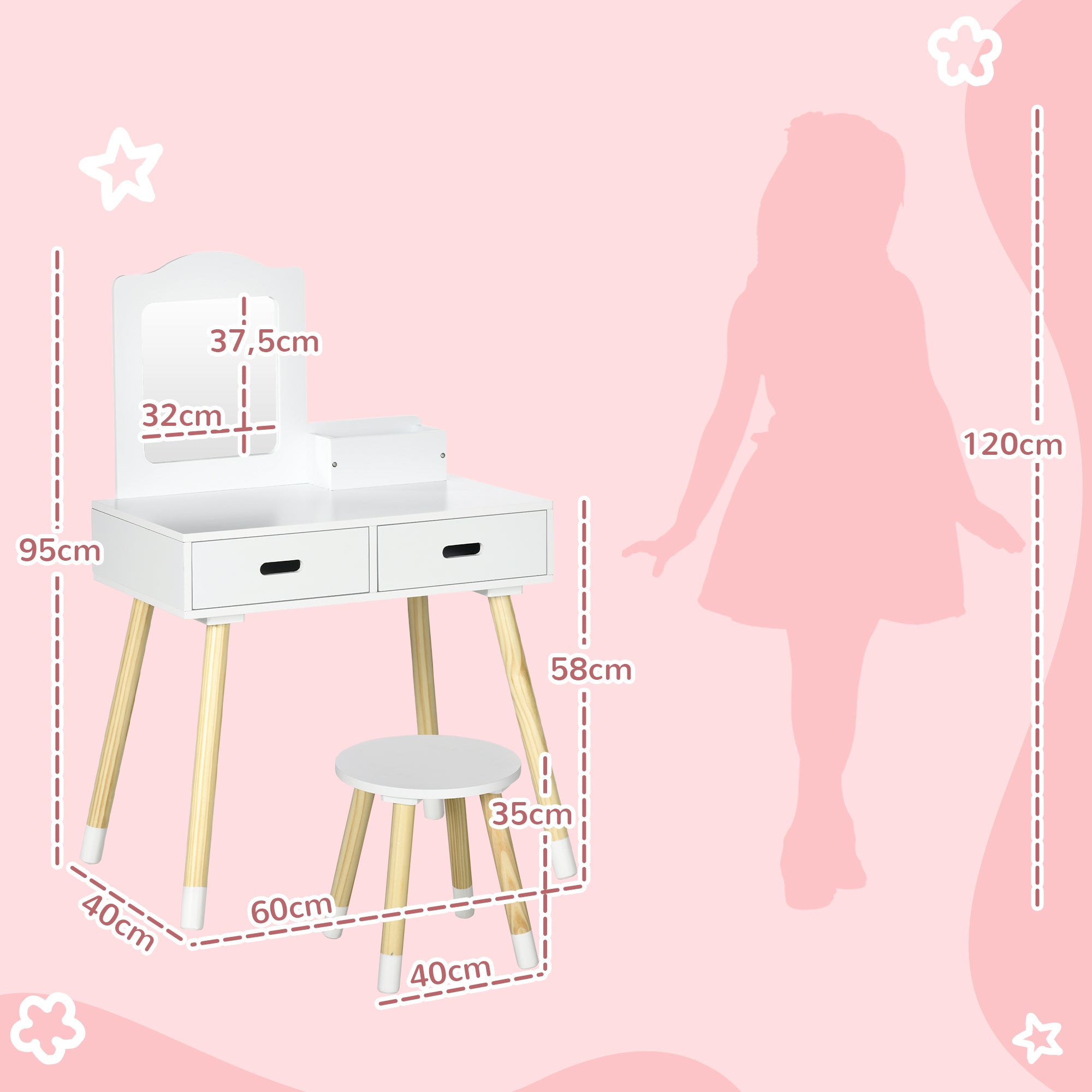 ZONEKIZ Girls Vanity Table Children's Wooden Vanity with Stool and Mirror Beauty Center with 2 Drawers Educational Toy for Girls 3-6 Years 60x40x95 cm White