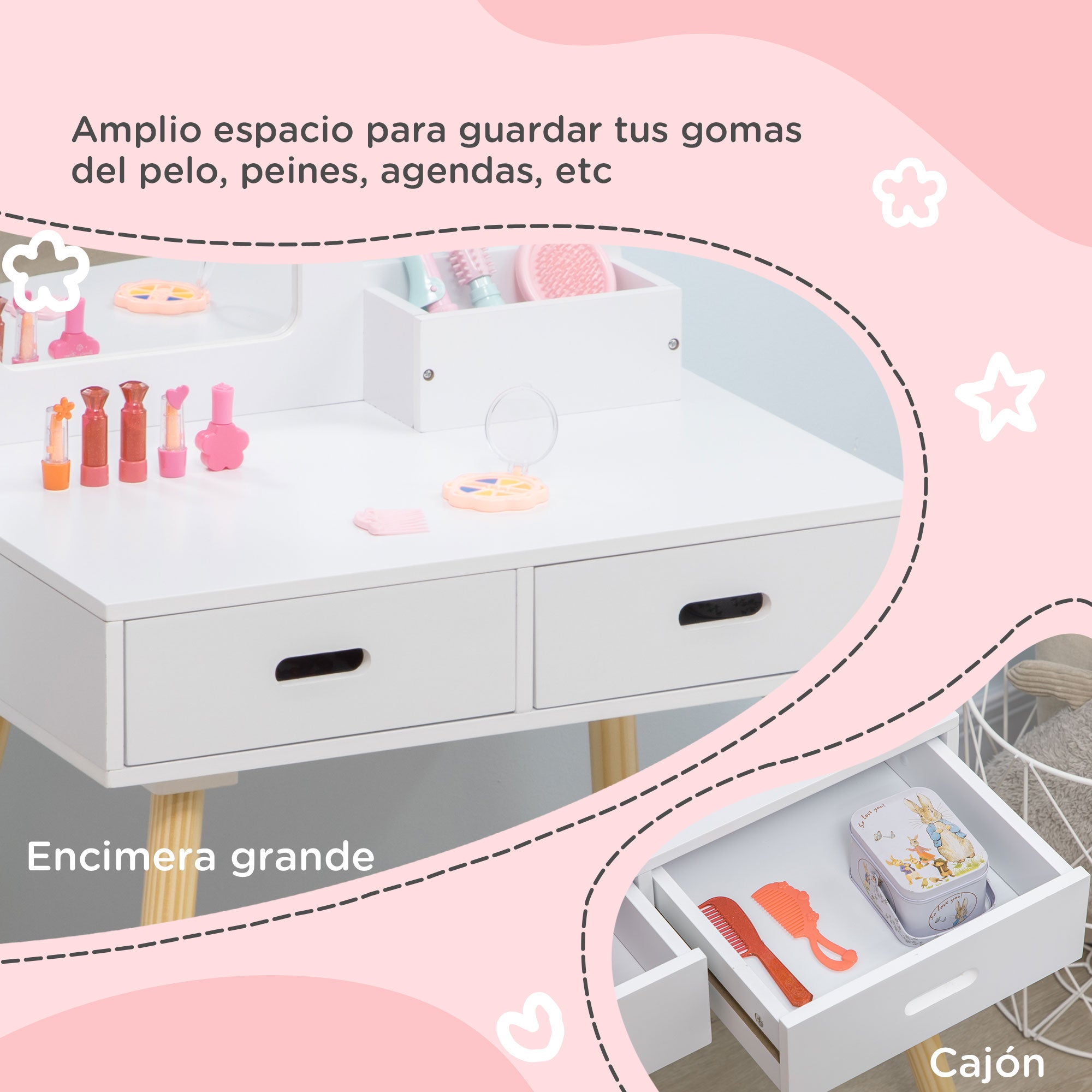 ZONEKIZ Girls Vanity Table Children's Wooden Vanity with Stool and Mirror Beauty Center with 2 Drawers Educational Toy for Girls 3-6 Years 60x40x95 cm White