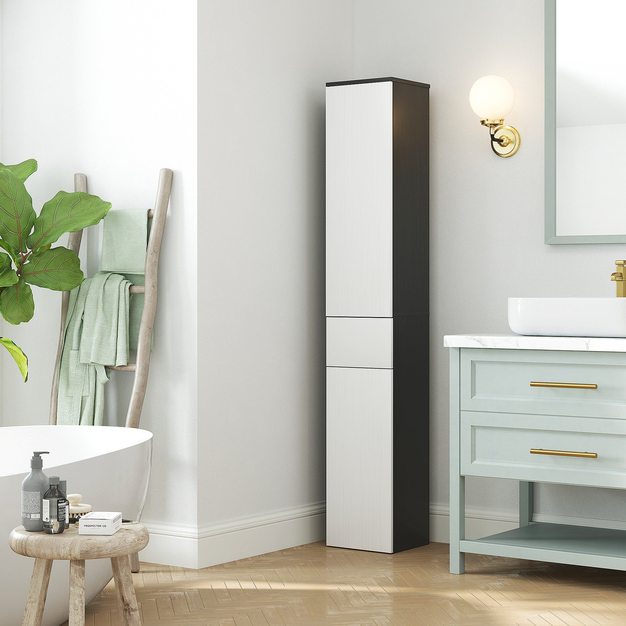 Bathroom Column with 2 Cabinets and Drawer, Tall Bathroom Cabinet, Space-Saving Bathroom Cabinet with 2 Doors, Adjustable Shelves in Wood, 30x28x180 cm, Black