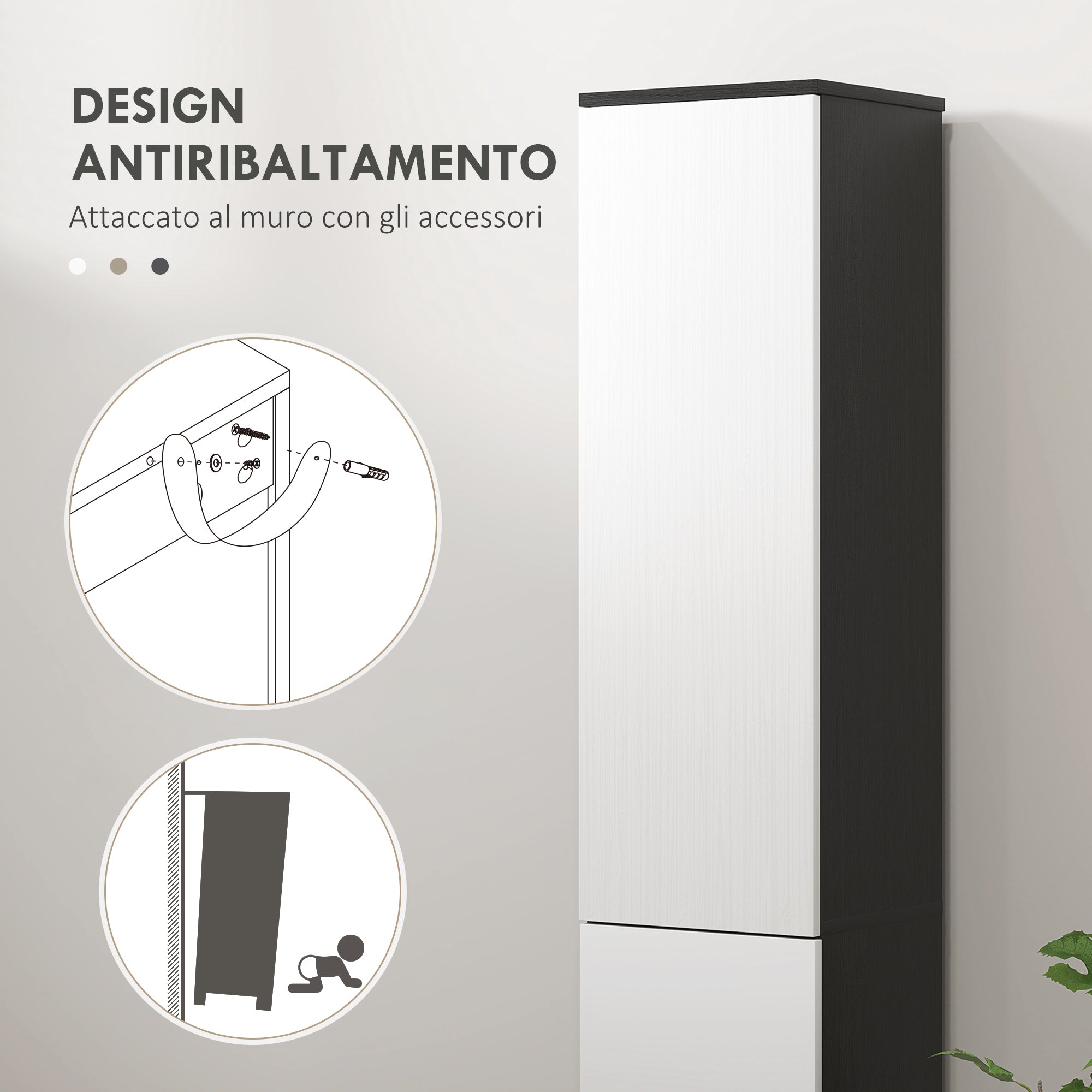 Bathroom Column with 2 Cabinets and Drawer, Tall Bathroom Cabinet, Space-Saving Bathroom Cabinet with 2 Doors, Adjustable Shelves in Wood, 30x28x180 cm, Black