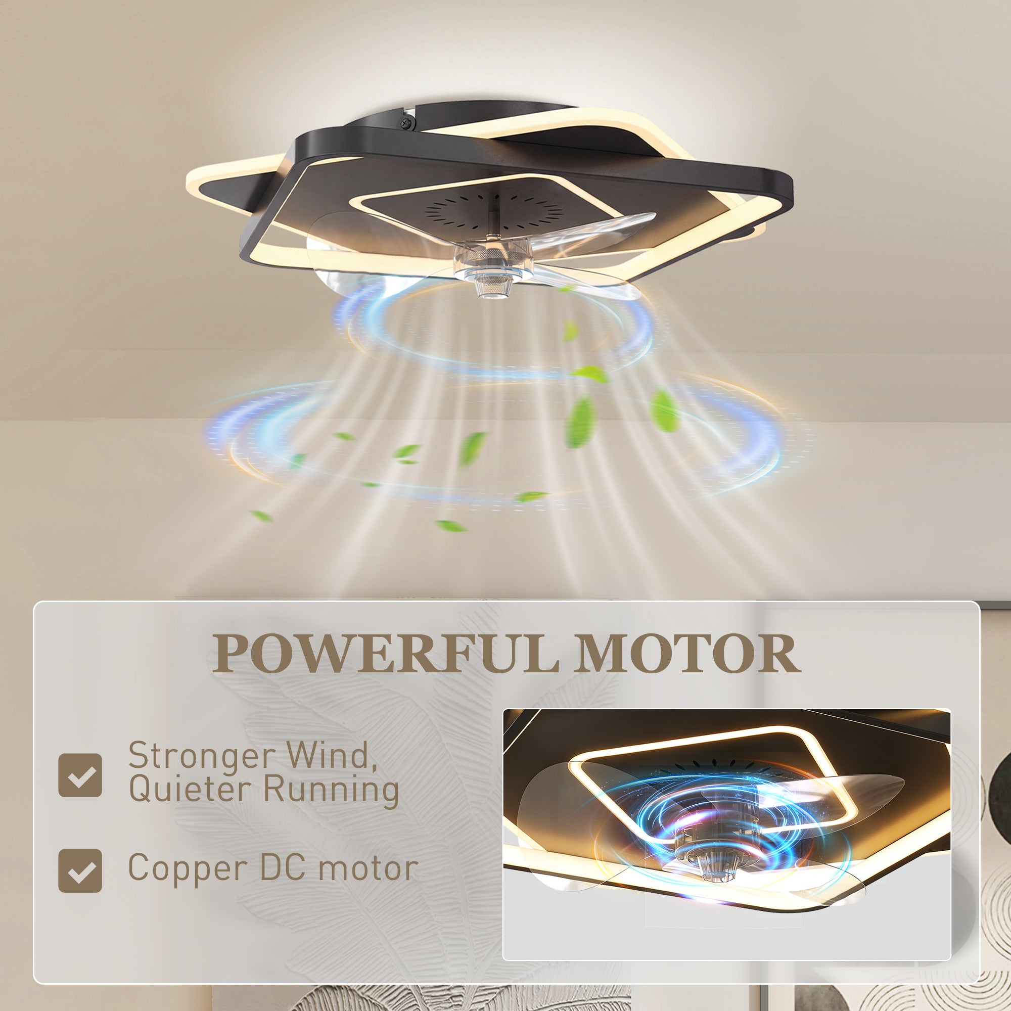 LED Ceiling Light with Fan, Quiet 21" Ceiling Fan Light, 6 Speeds, Timer, Remote Control, 3 Color Temperatures, DC Motor, Black