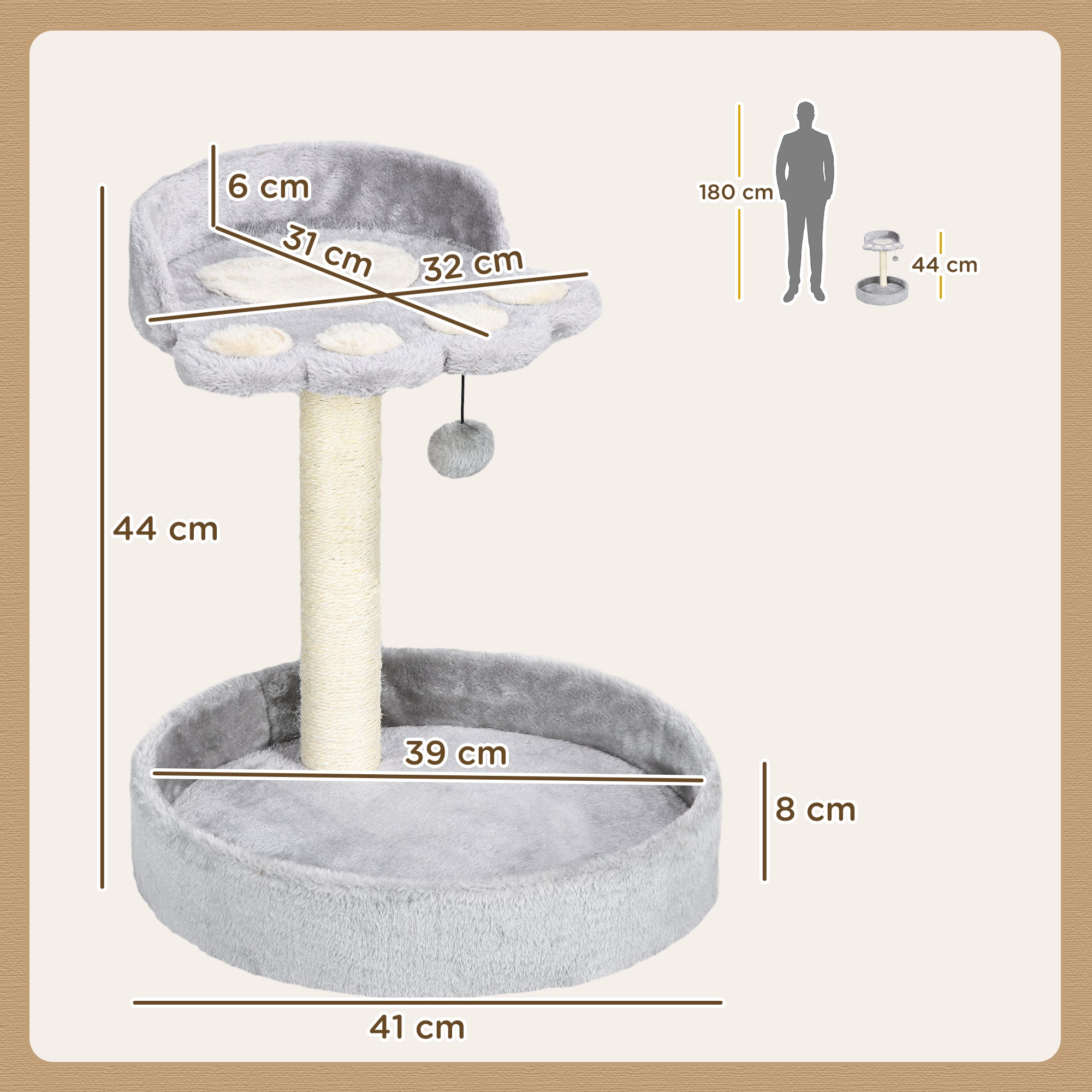 Cat Scratching Post for 5kg Cats with Beds and Ball, Cat Gym with Plush Cover and Jute Rope, 41x41x44 cm, Light Grey