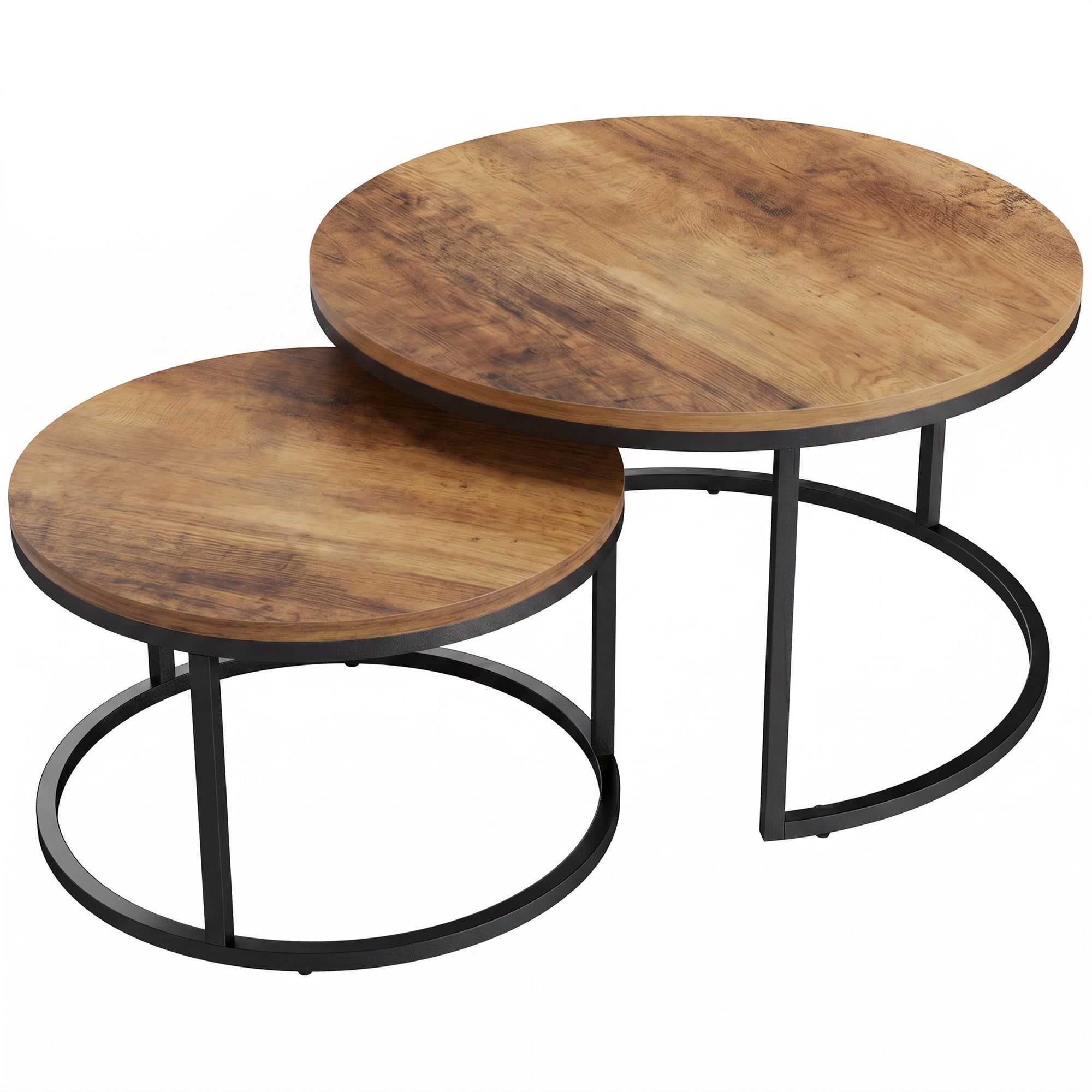 2-Piece Round Nesting Coffee Tables — Industrial Metal Frame, Brown Wood-Effect Tops (Large 23.6×23.6×17.7 in / Small 17.7×17.7×15.9 in)