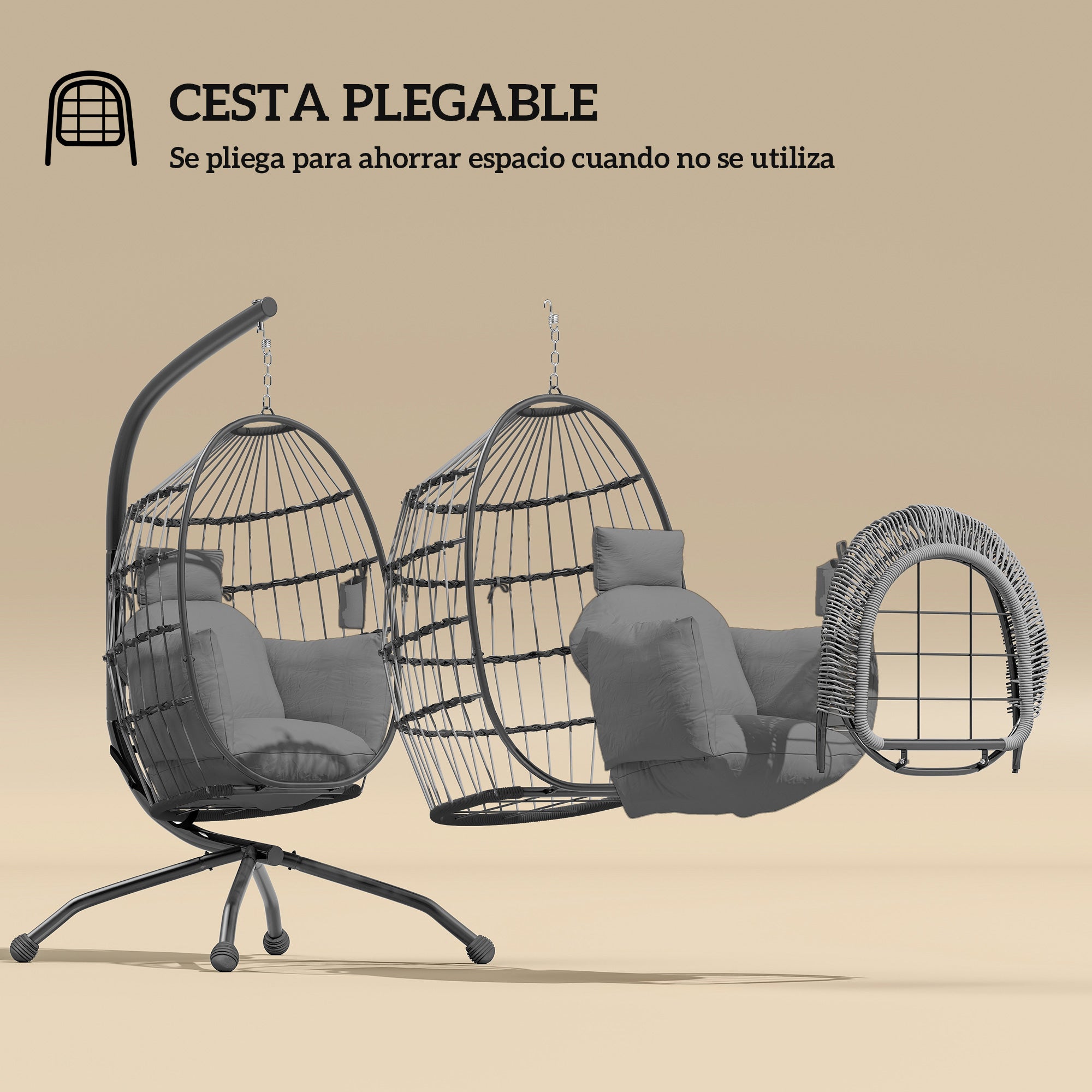 Hanging Egg Chair with Swing Stand Outdoor Garden with Foldable Basket Cushion and Headrest Hanging Swing for Indoor and Outdoor Load 120 kg Gray