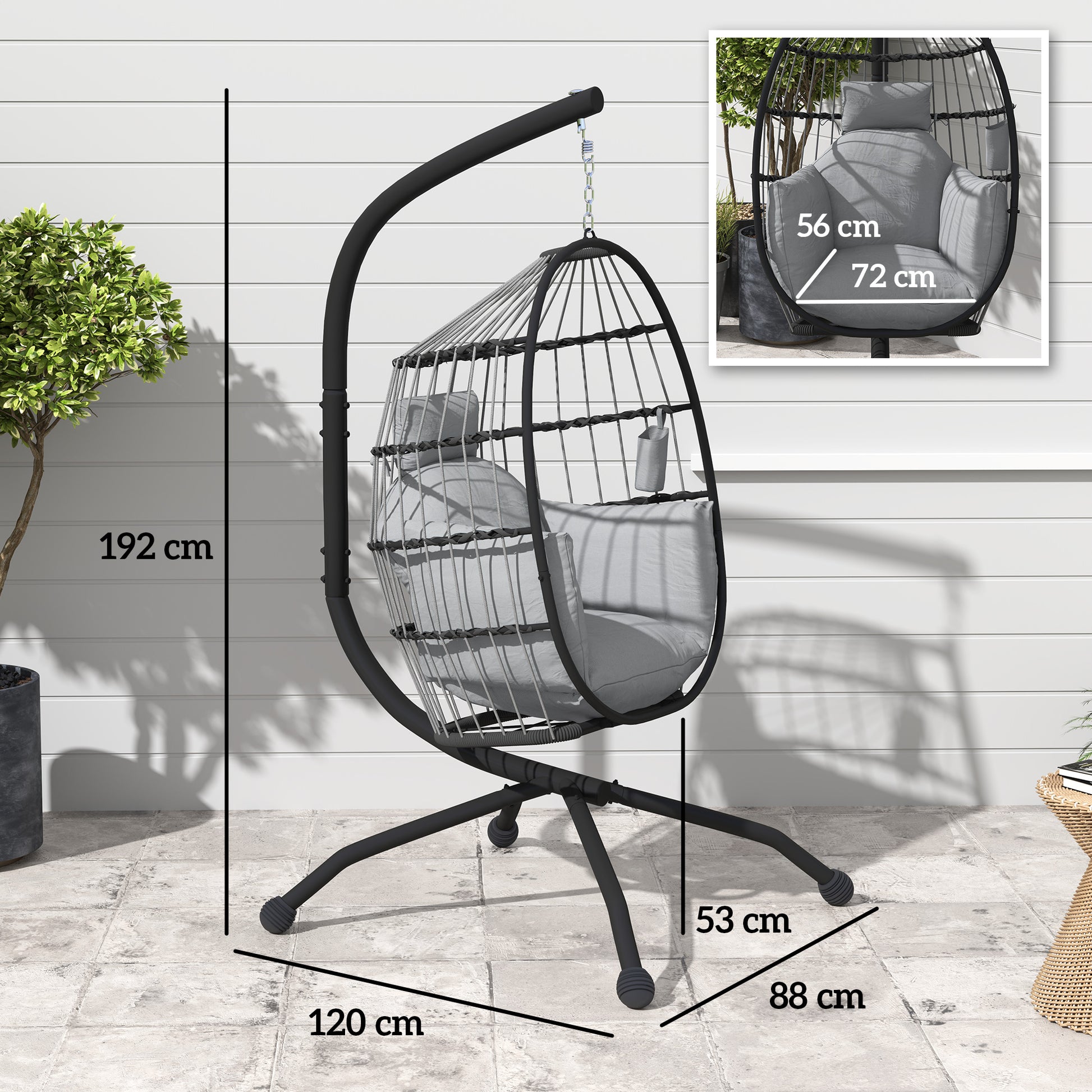 Hanging Egg Chair with Swing Stand Outdoor Garden with Foldable Basket Cushion and Headrest Hanging Swing for Indoor and Outdoor Load 120 kg Gray