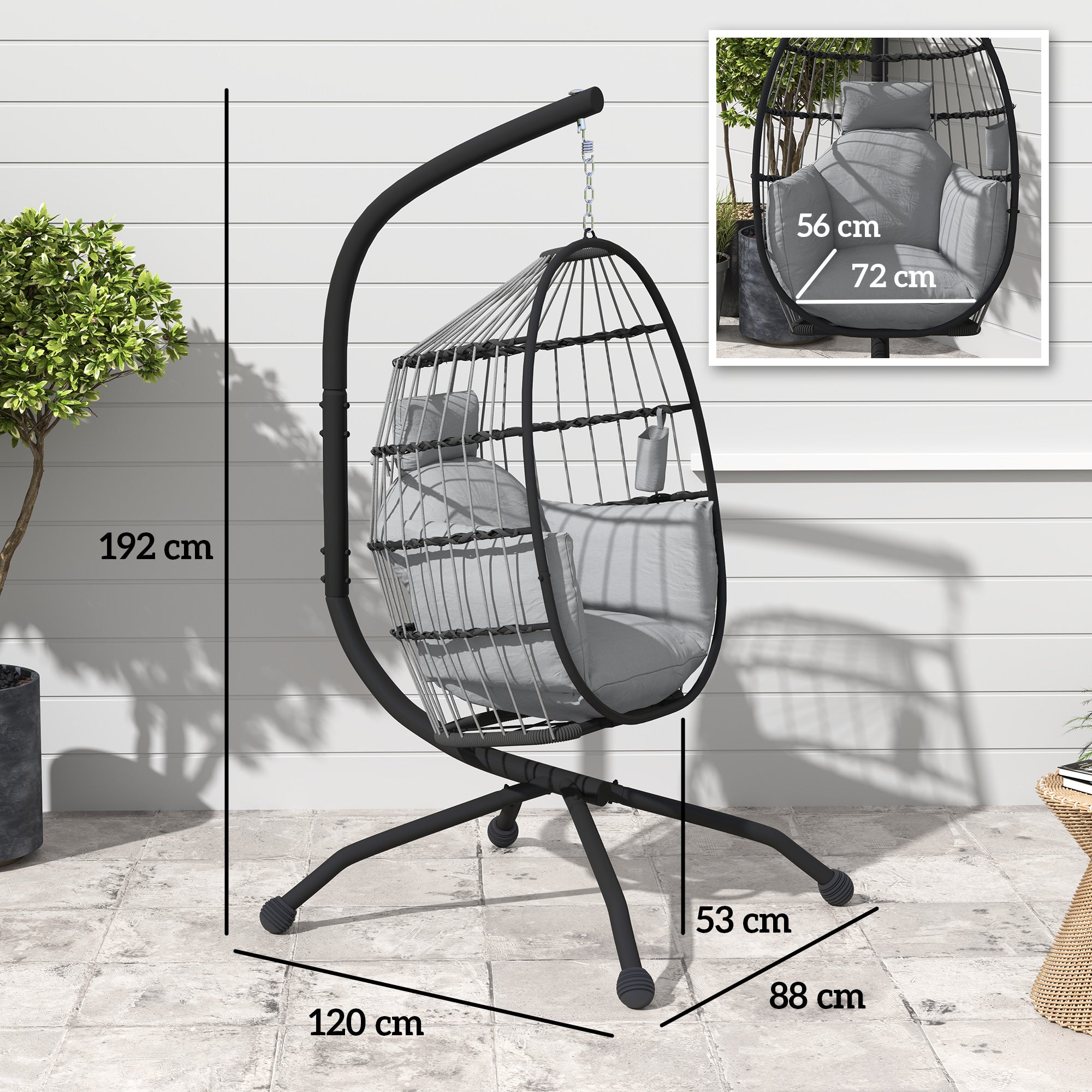 Hanging Egg Chair with Swing Stand Outdoor Garden with Foldable Basket Cushion and Headrest Hanging Swing for Indoor and Outdoor Load 120 kg Gray